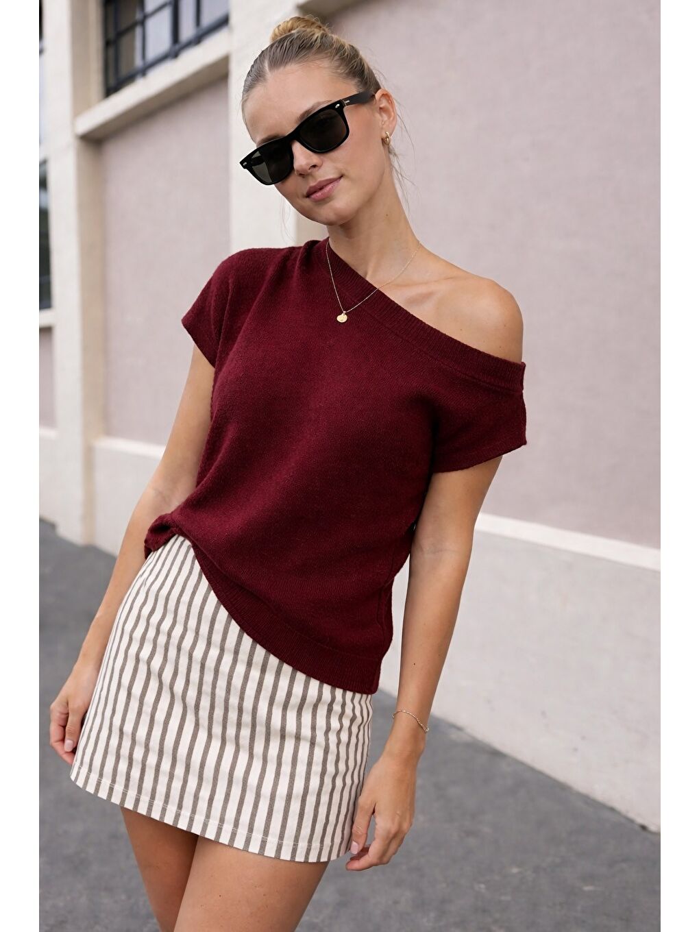 Bordo Salaş Fit Düşük Omuz Tişört Mg2814-1