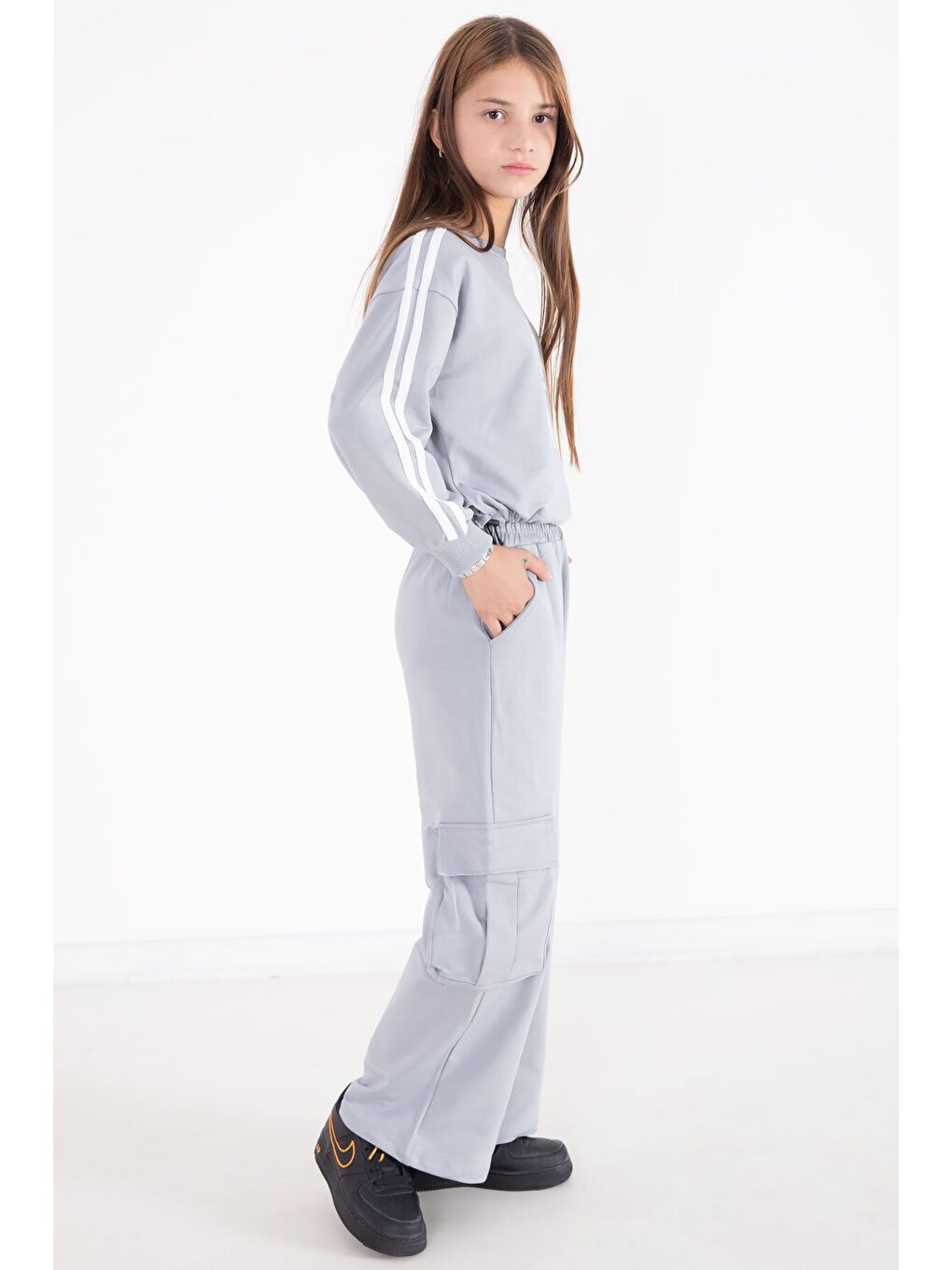 Gri Yazı Baskılı Kargo Cep Detaylı Kız Çocuk Takım 22777-4