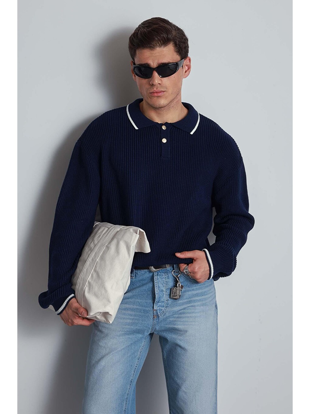 Erkek Oversize Polo Yaka Kontrast Detaylı Triko Kazak Lacivert