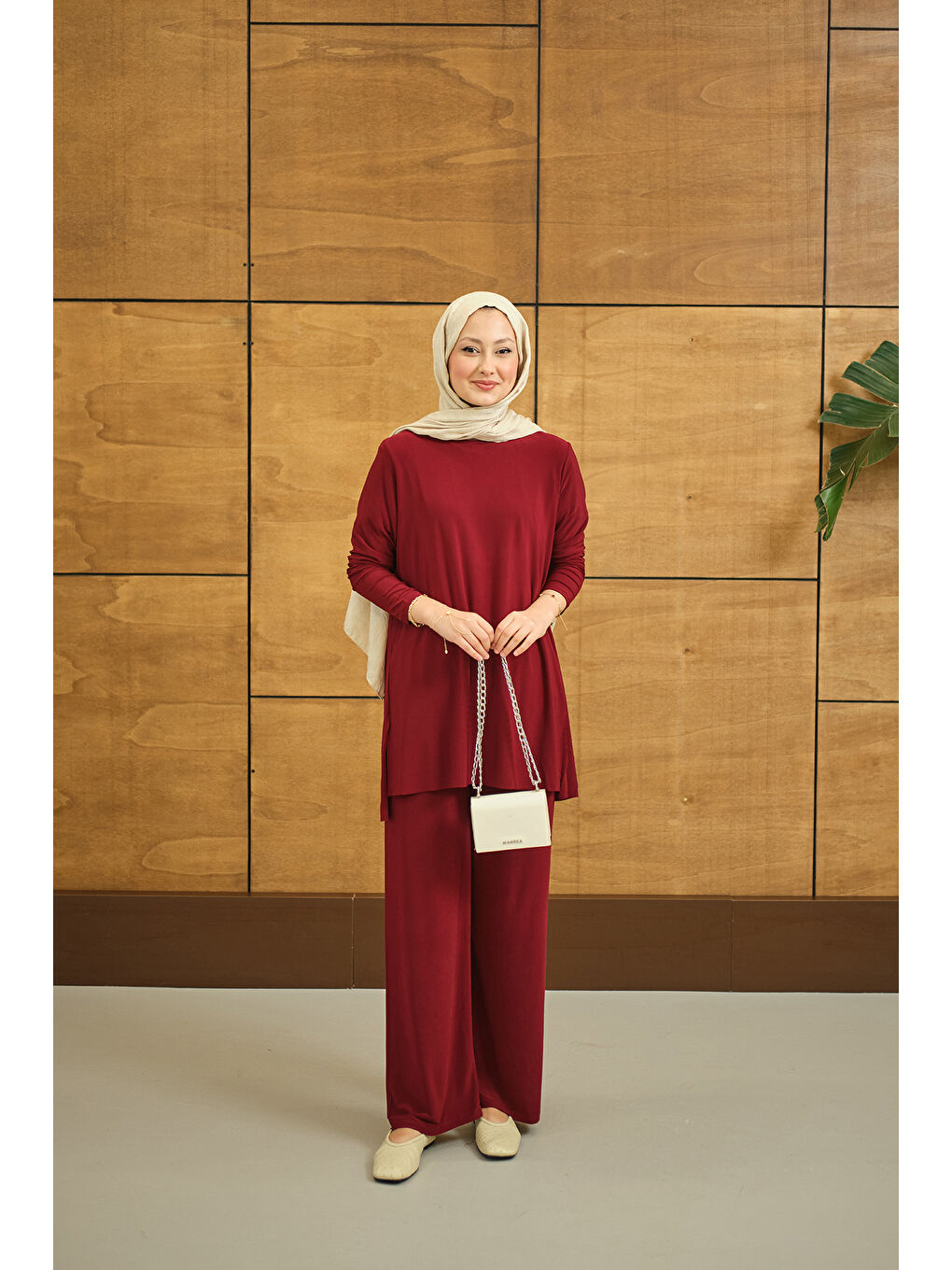 Kadın Yanları Yırtmaç Detay İkili Takım Bordo-2