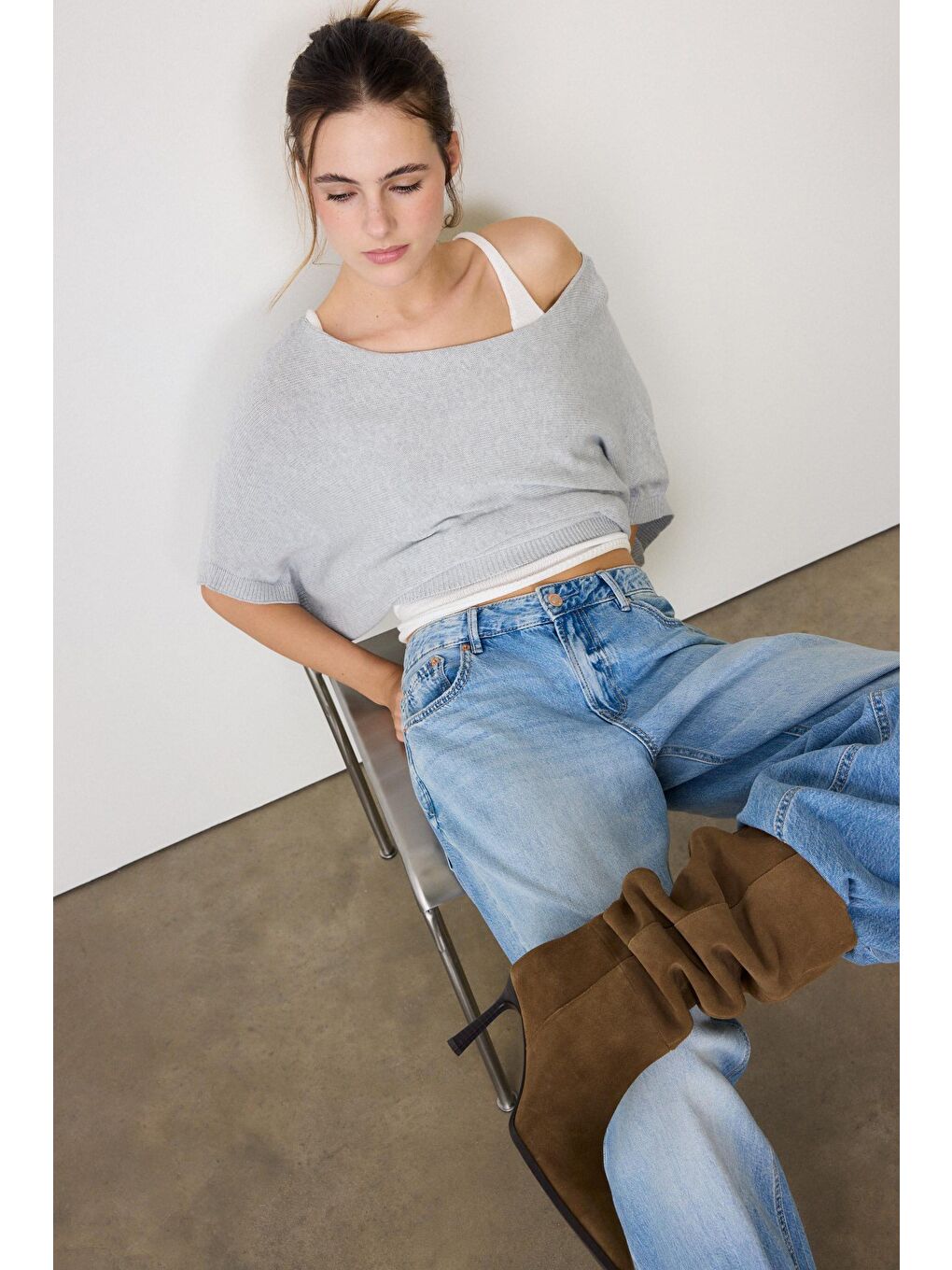 Gri Geniş Yaka Çift Katlı Triko Kazak Mg2780-1