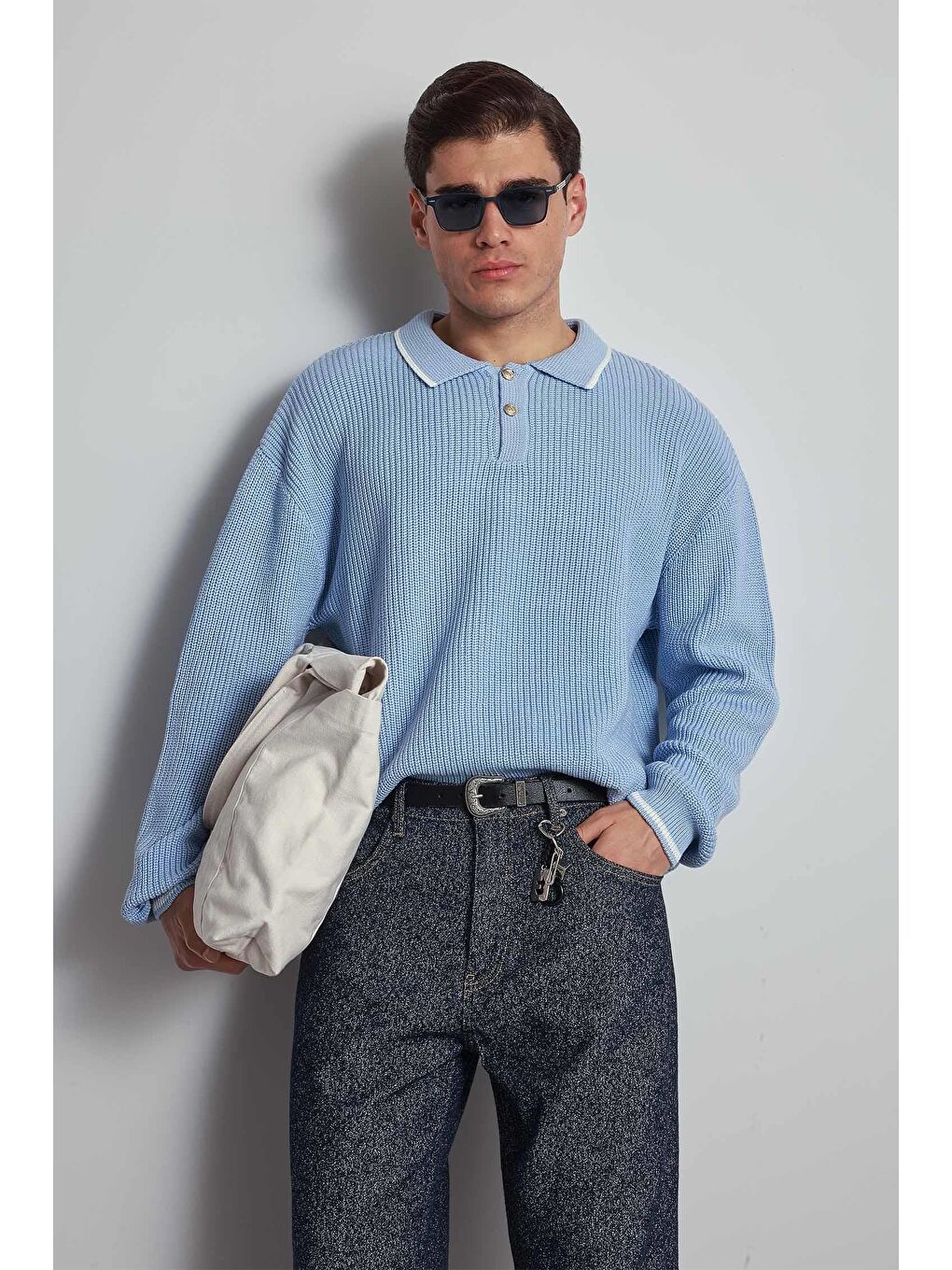 Erkek Oversize Polo Yaka Kontrast Detaylı Triko Kazak Açık Mavi