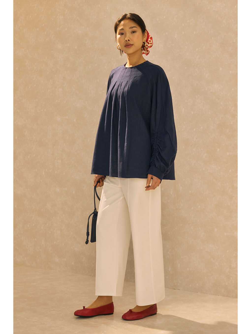 Kol Büzgülü Pamuk Keten Tunik Gece Mavisi-1