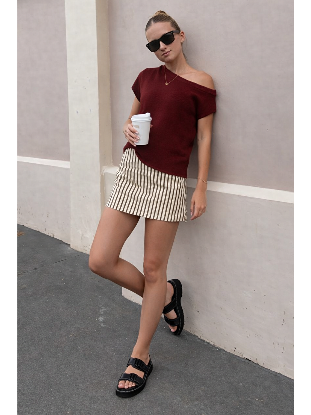 Bordo Salaş Fit Düşük Omuz Tişört Mg2814-2