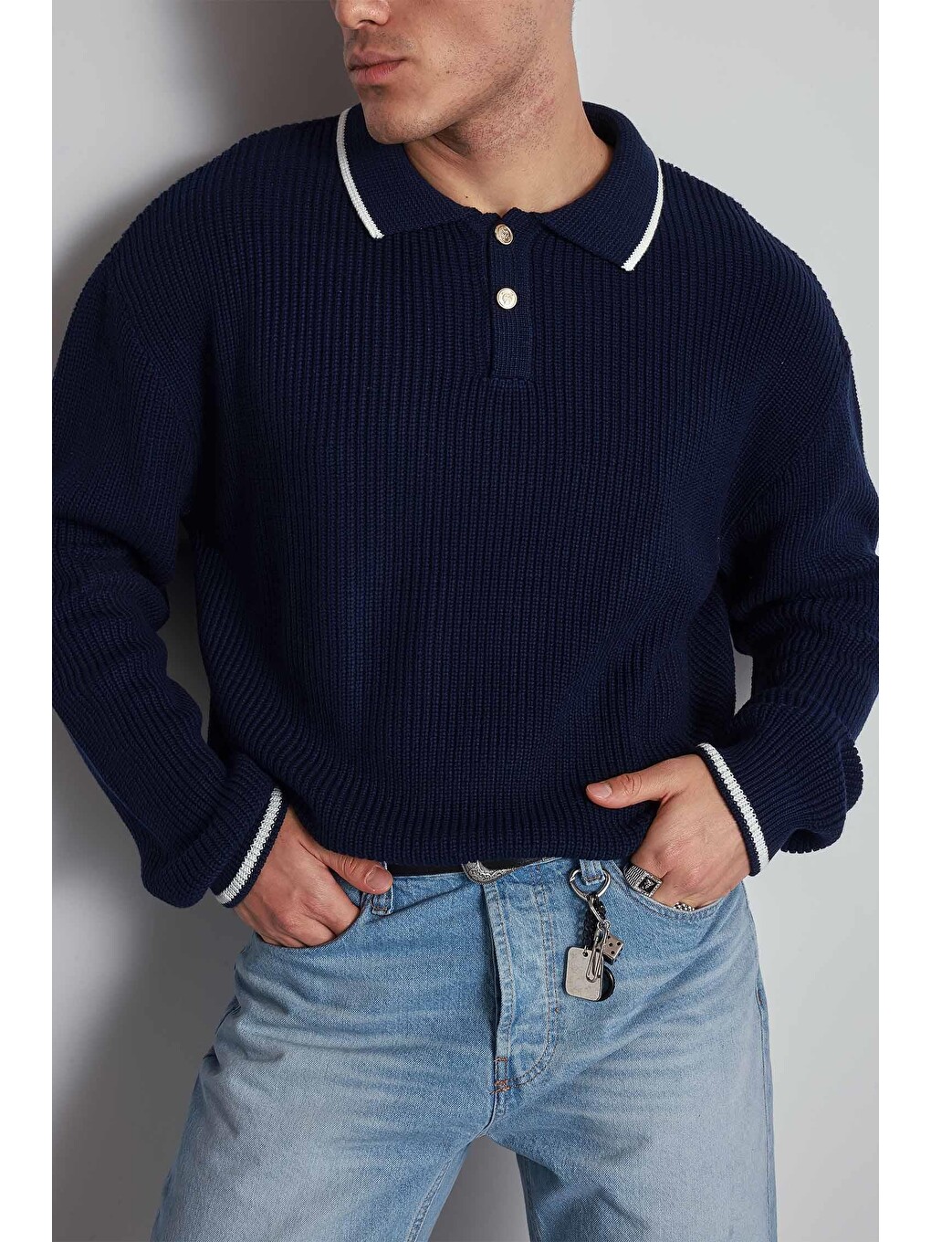 Erkek Oversize Polo Yaka Kontrast Detaylı Triko Kazak Lacivert-1