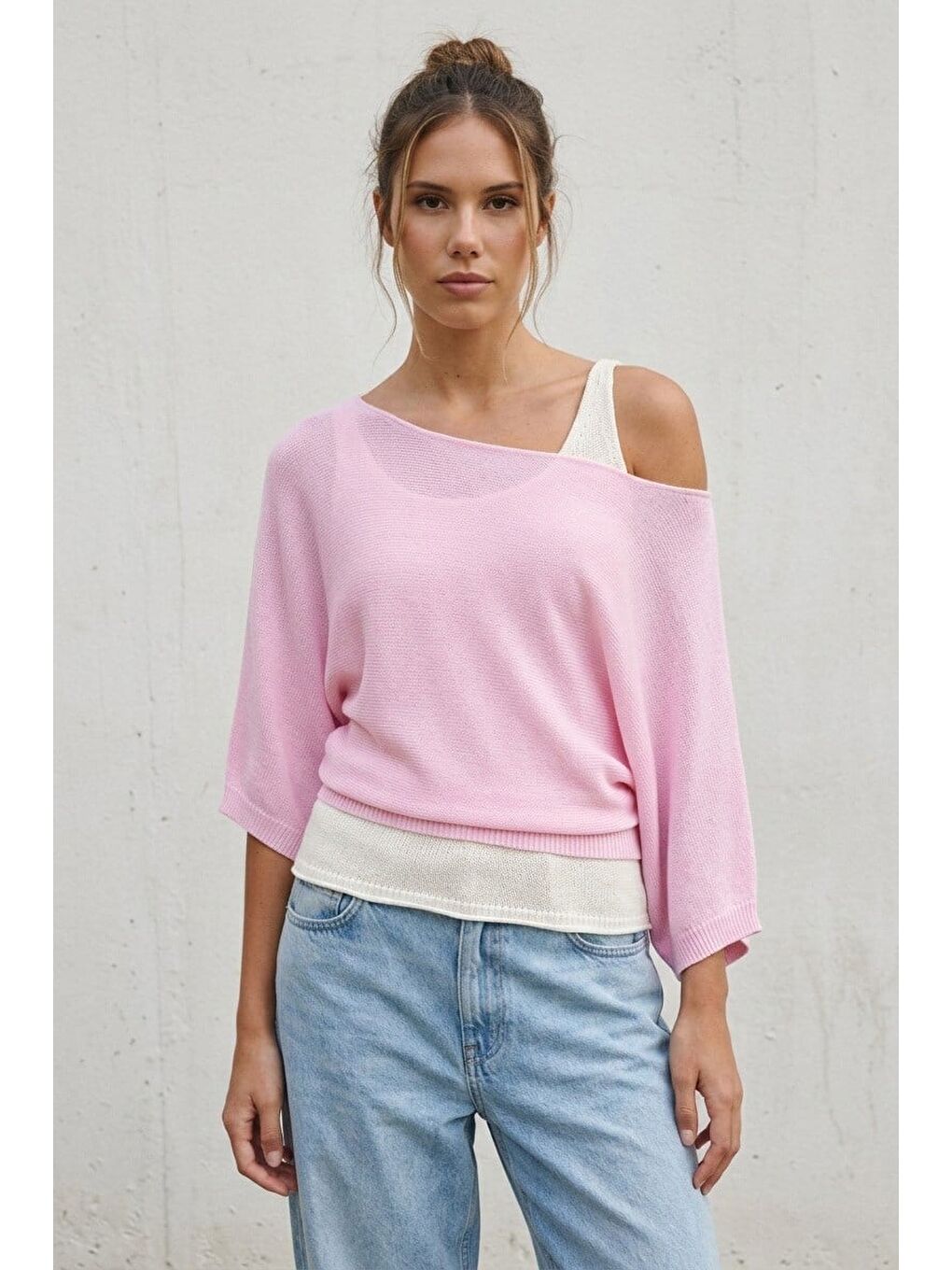 Pembe Geniş Yaka Çift Katlı Triko Kazak Mg2780