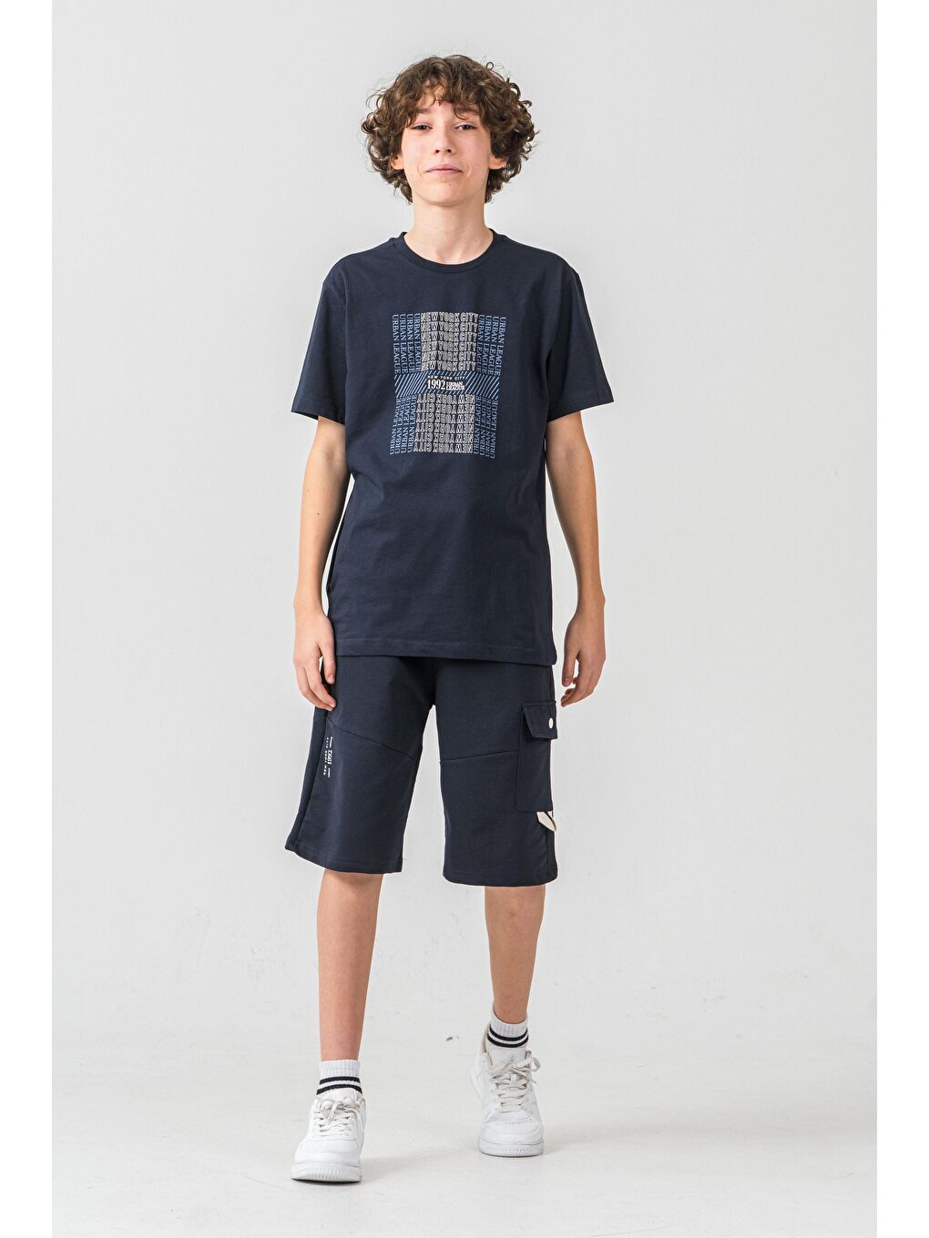 Lacivert New York City Urban 1992 League Baskılı Kargo Cepli Erkek Çocuk Şort - Tişört Takımı