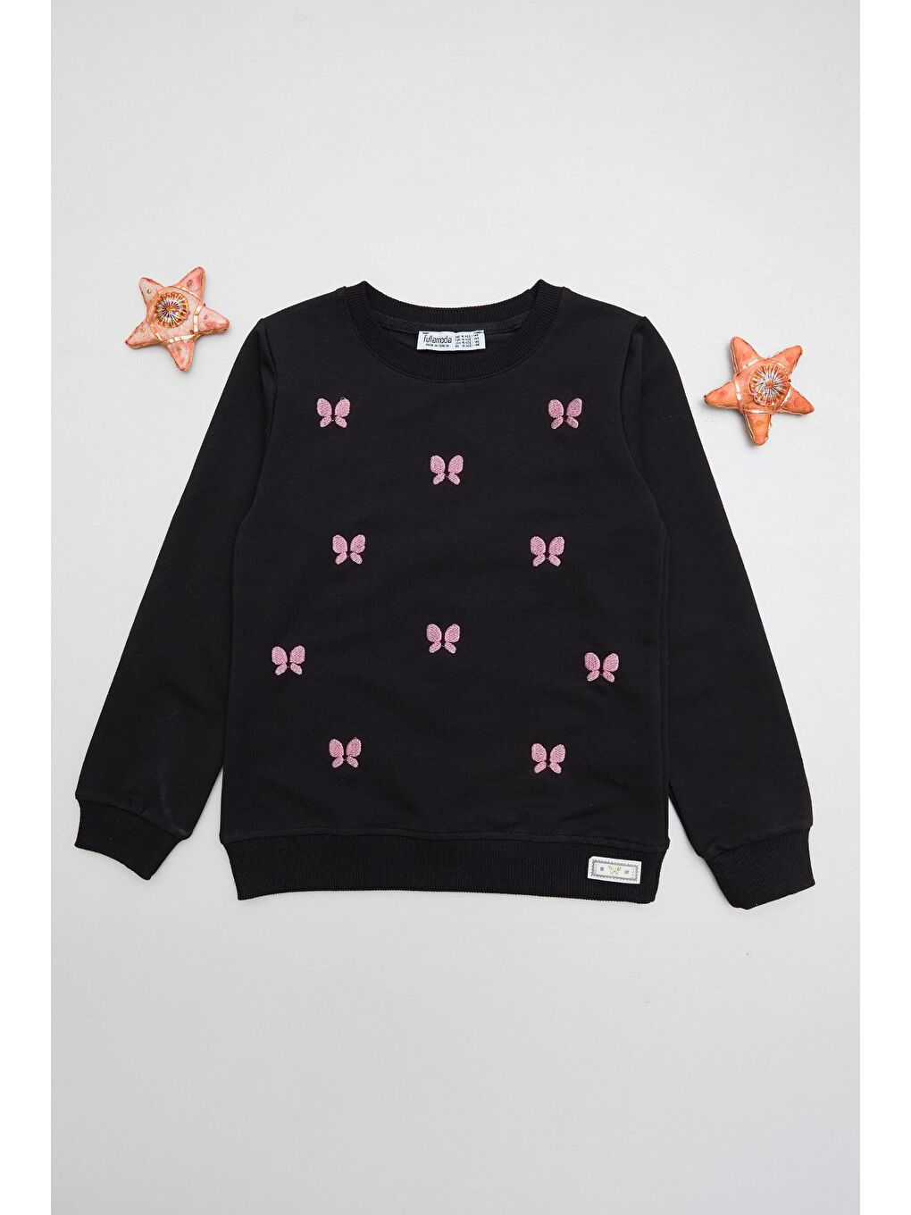 Siyah Kelebek Nakışlı Bisiklet Yaka Kız Çocuk Sweatshirt