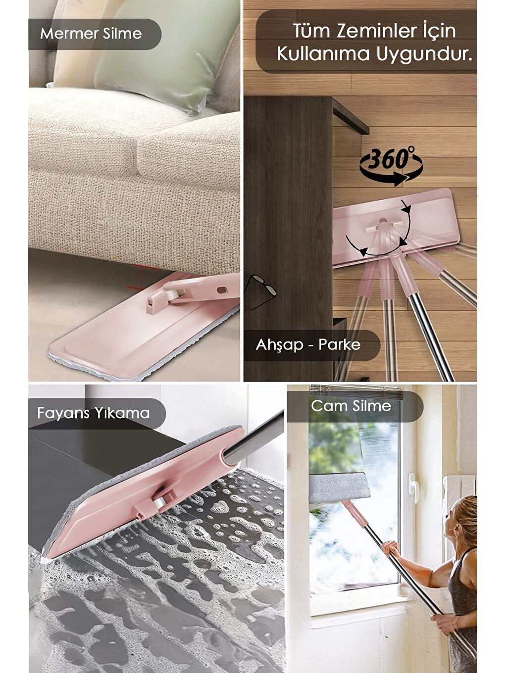 Pembe Yüzey Yer Silme Temizlik Seti Temiz Kirli Su İki Bölmeli Kova Dönebilen Tablet Mop Paspas-6