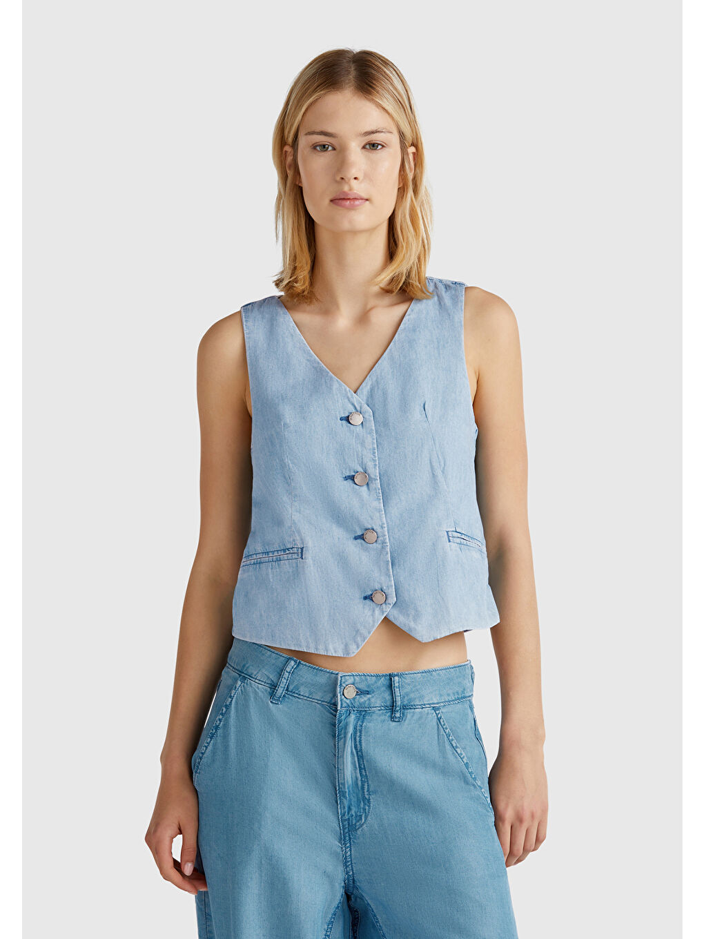 Kadın Açık Mavi %100 Pamuk Şamre Denim Yelek