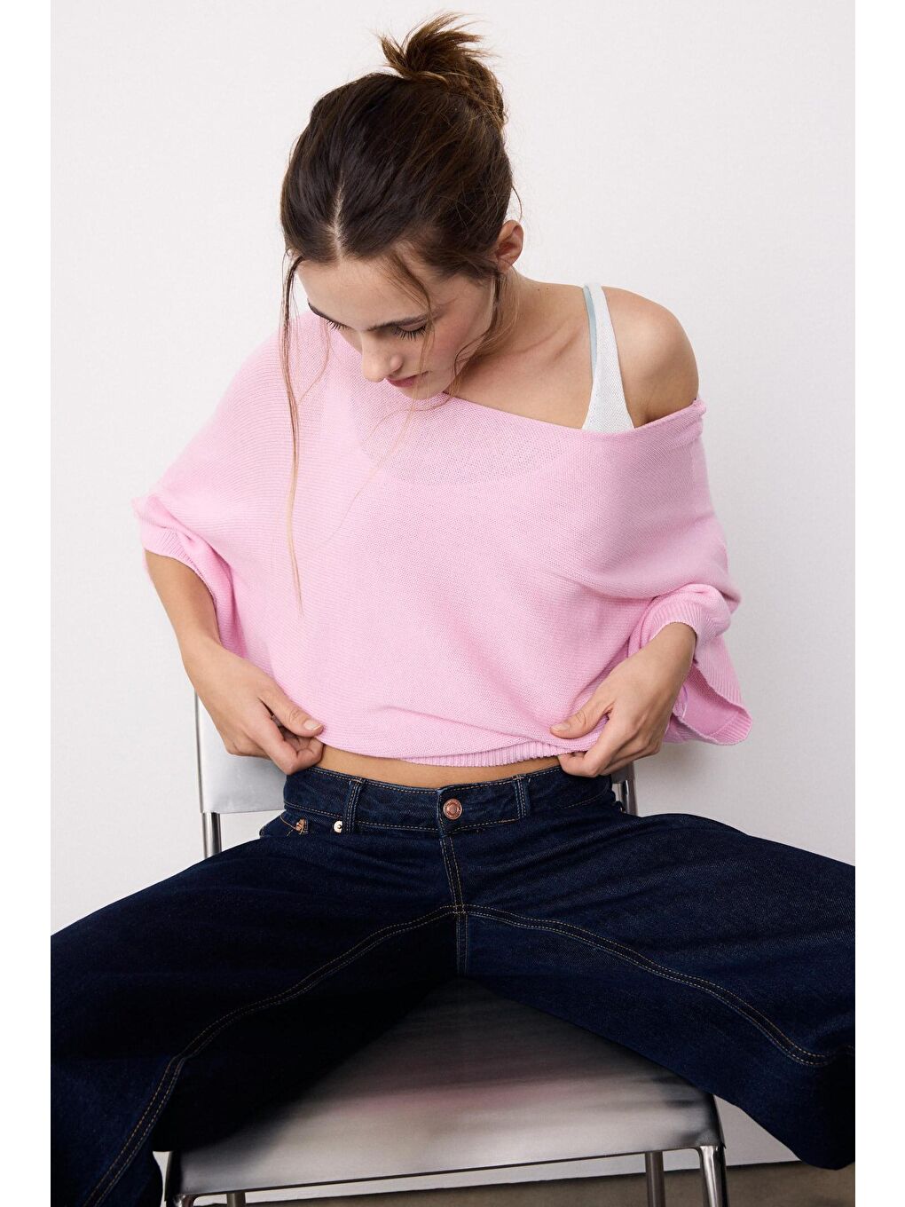 Pembe Geniş Yaka Çift Katlı Triko Kazak Mg2780-1