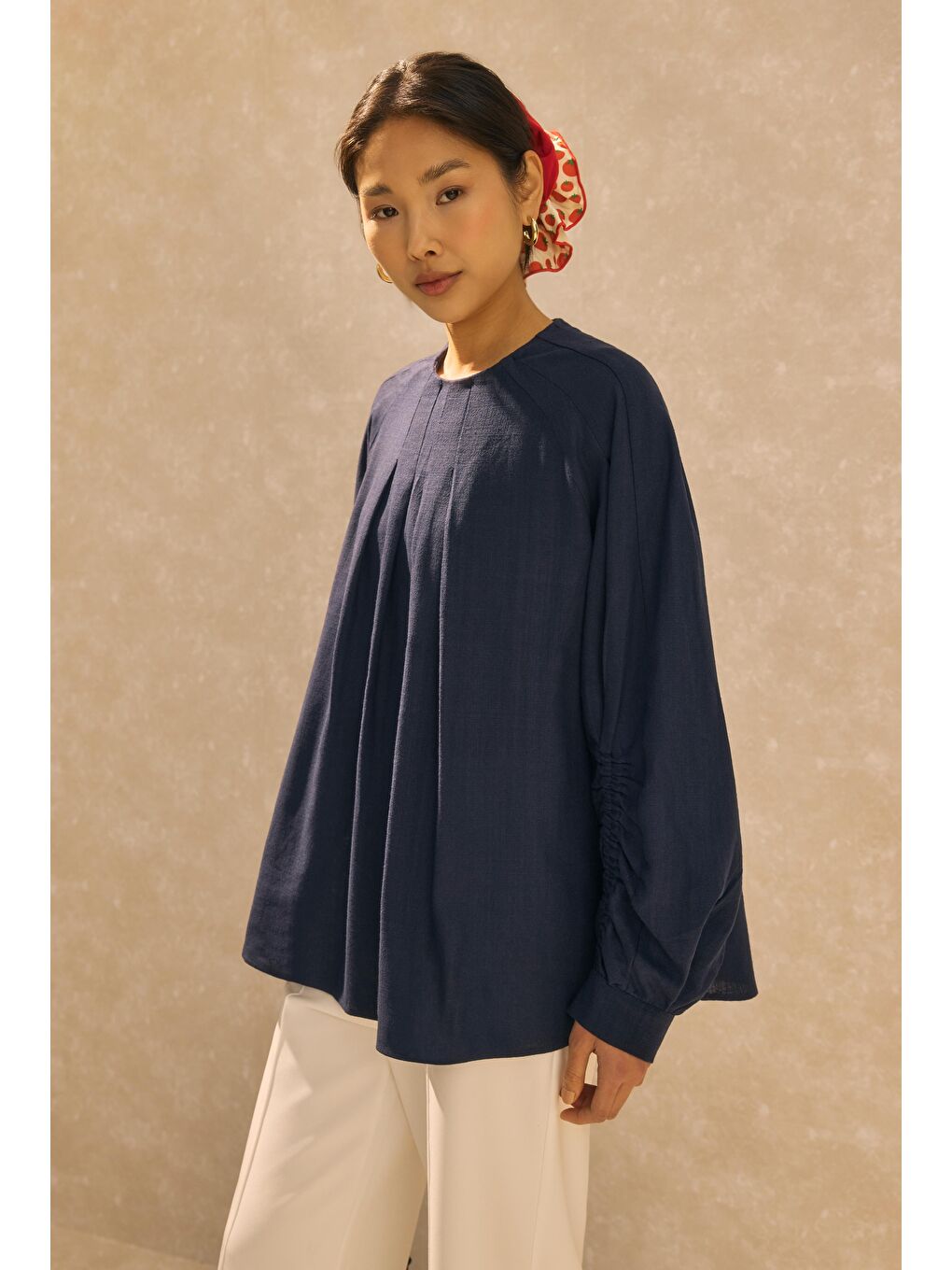 Kol Büzgülü Pamuk Keten Tunik Gece Mavisi-2