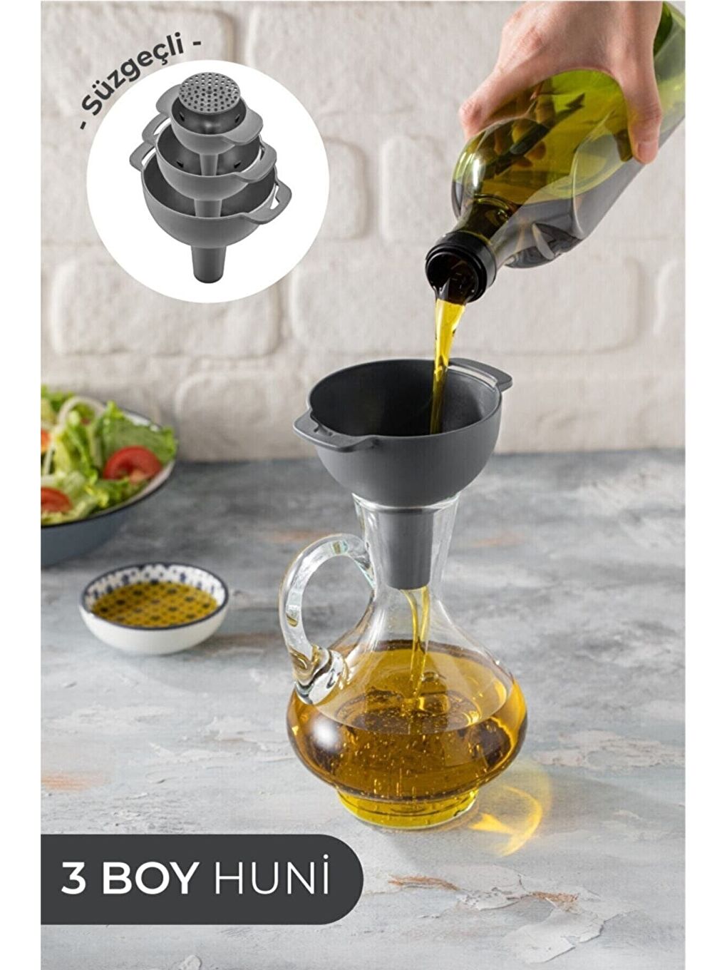 Gri Süzgeçli Huni Seti 3 Farklı Boy Huni