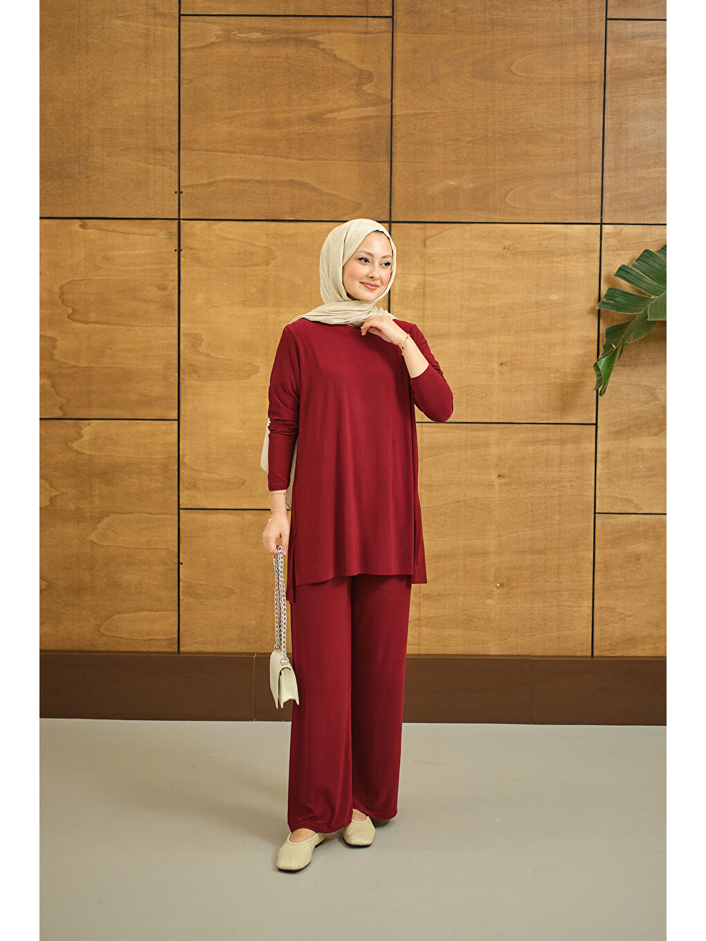 Kadın Yanları Yırtmaç Detay İkili Takım Bordo-3