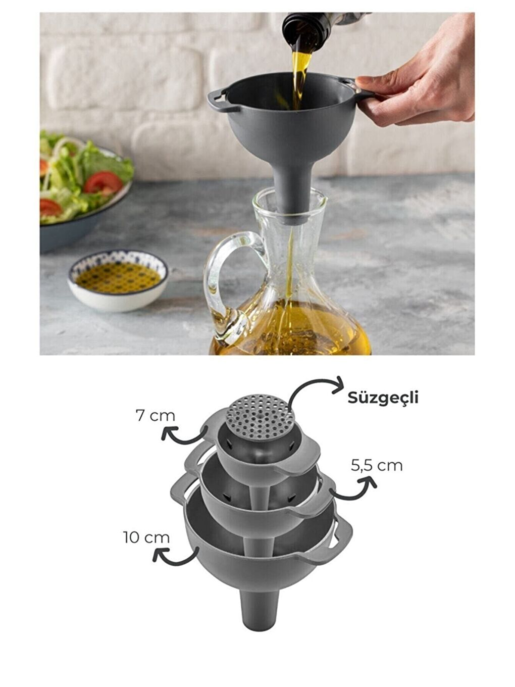 Gri Süzgeçli Huni Seti 3 Farklı Boy Huni-1