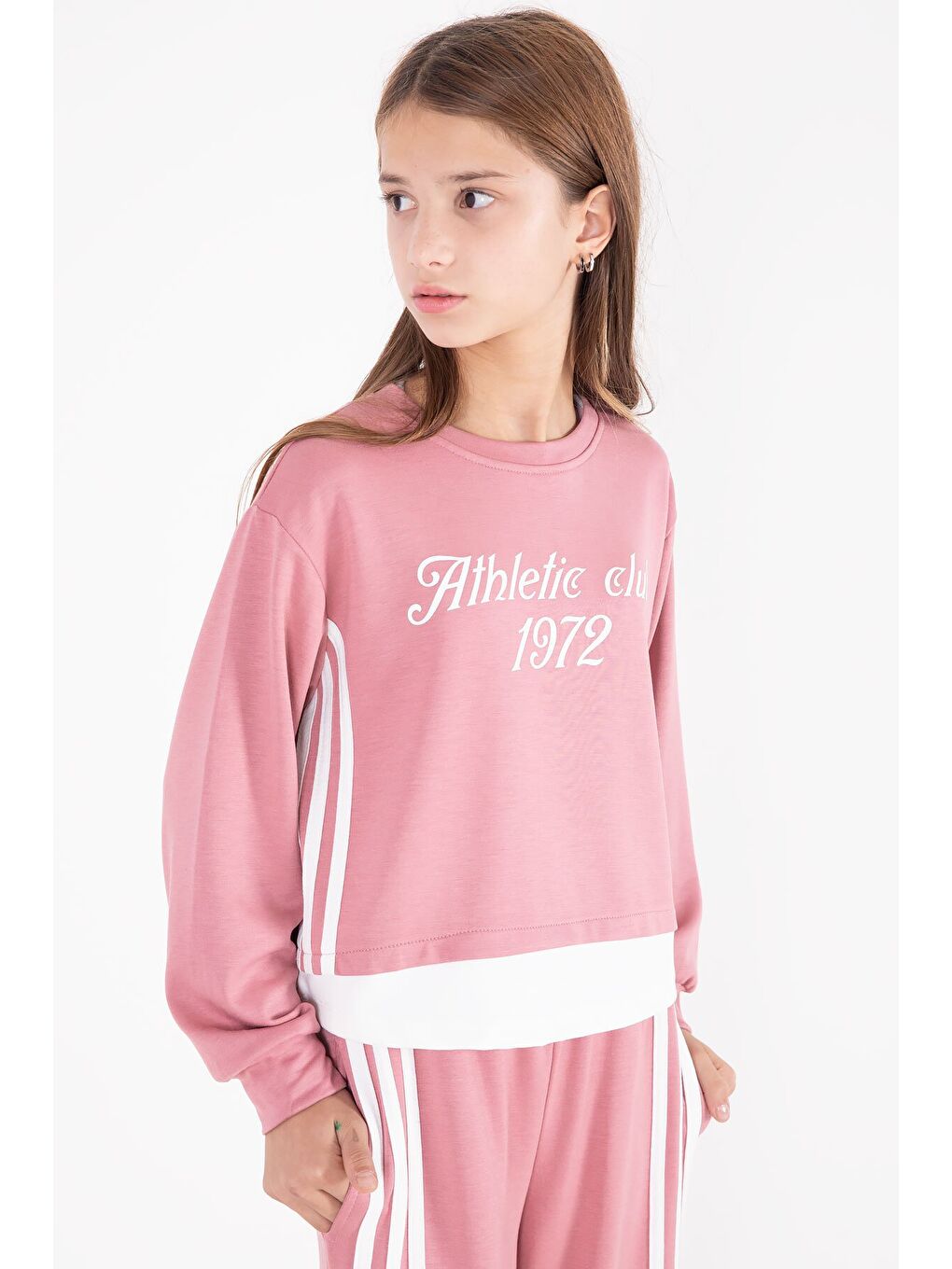 Pembe Şerit Detaylı Yazılı Geniş Paça Kız Çocuk Takım 22773-1