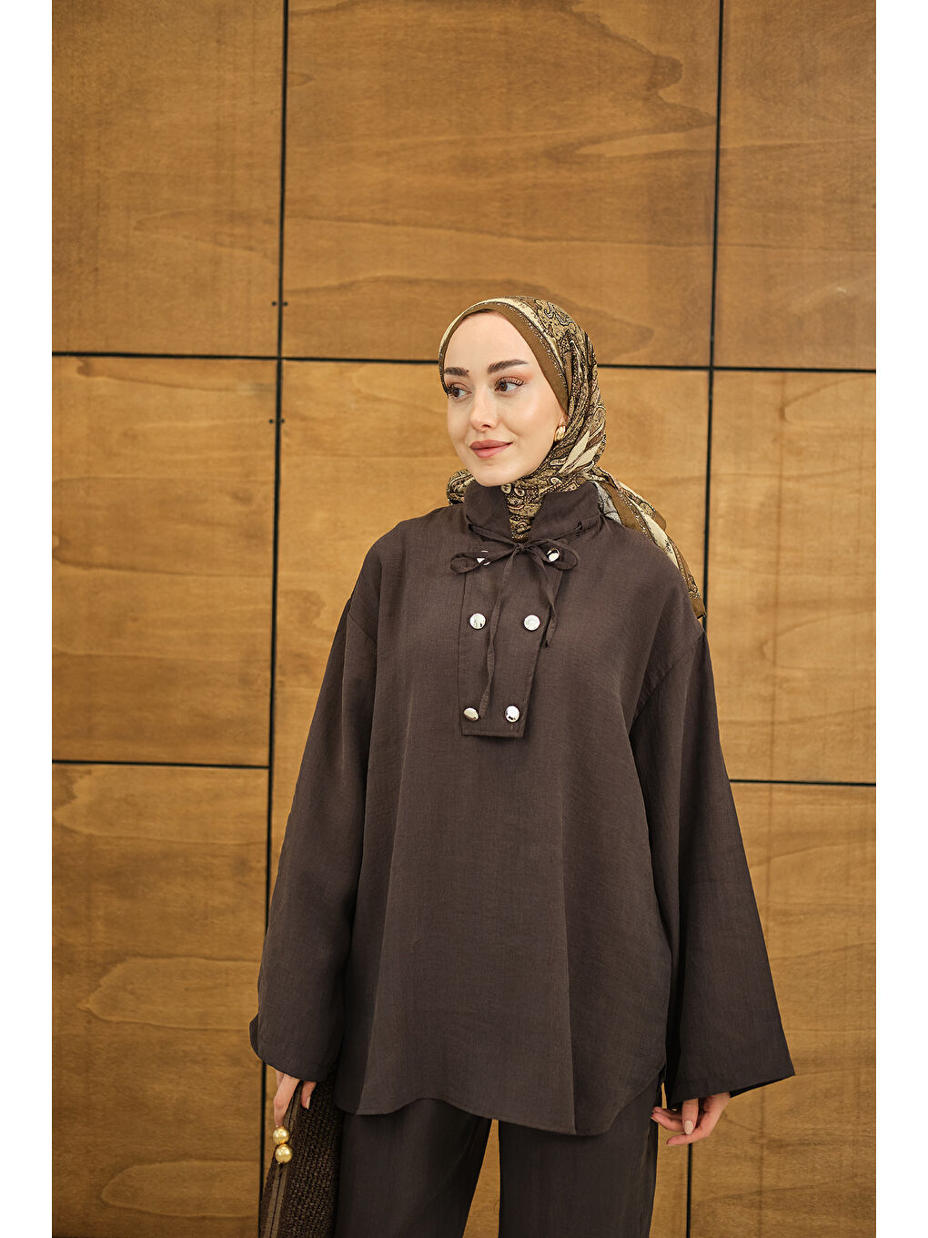 Kadın Çift Düğme Detaylı Takım Kahverengi-1