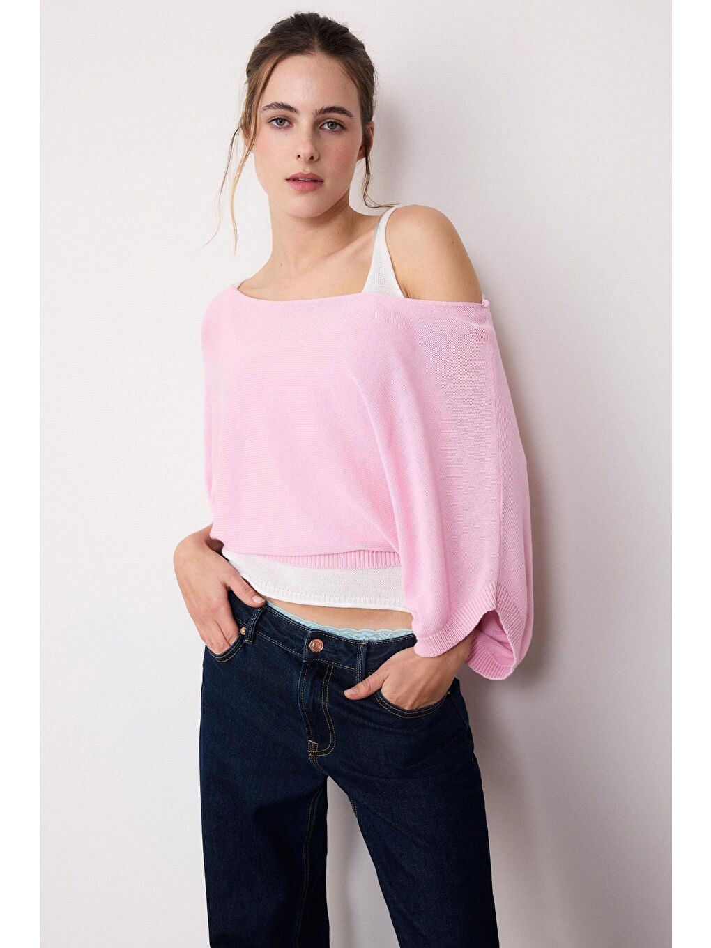 Pembe Geniş Yaka Çift Katlı Triko Kazak Mg2780-2