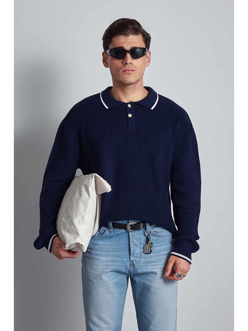 Erkek Oversize Polo Yaka Kontrast Detaylı Triko Kazak Lacivert-2