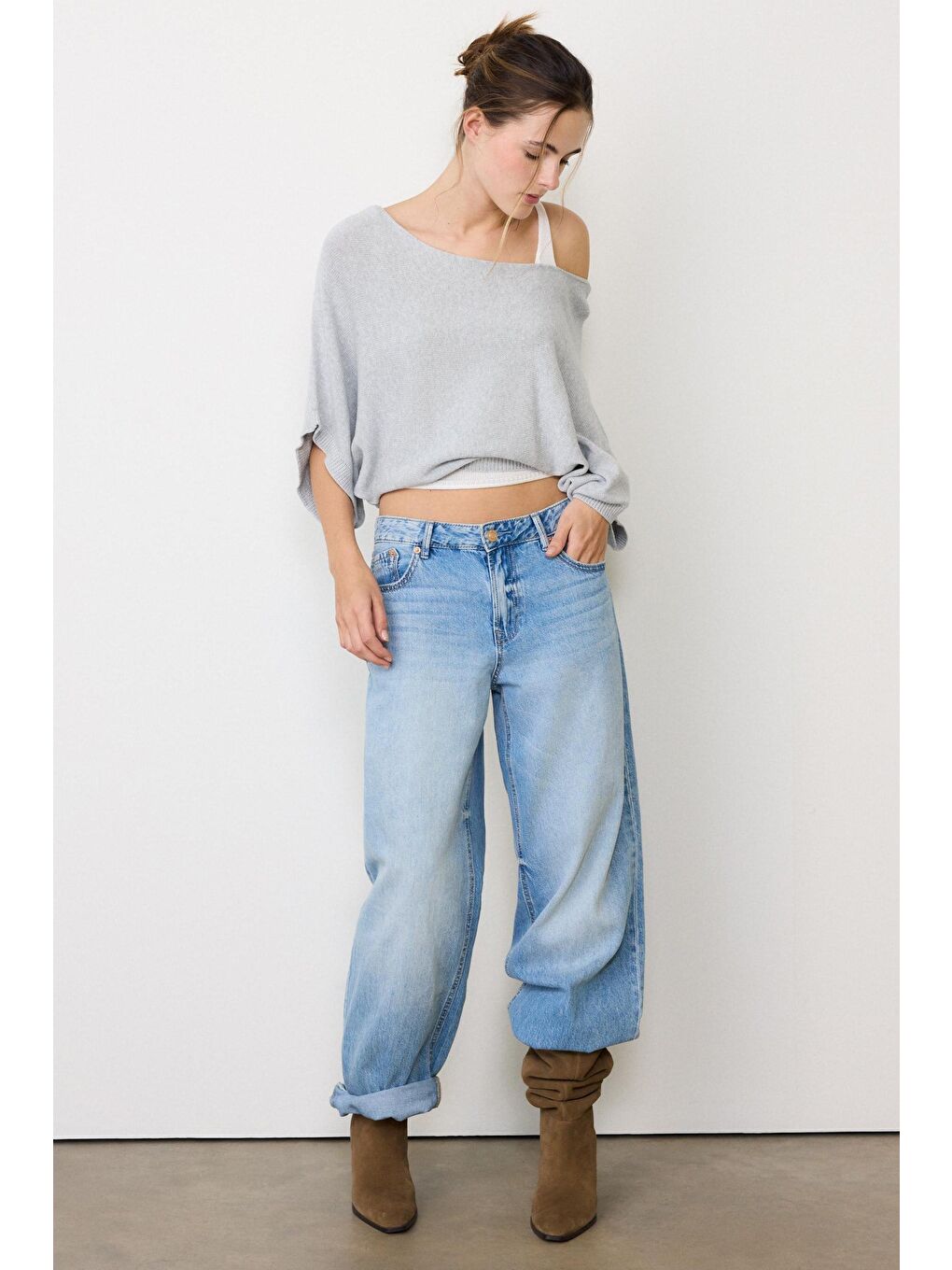 Gri Geniş Yaka Çift Katlı Triko Kazak Mg2780-2