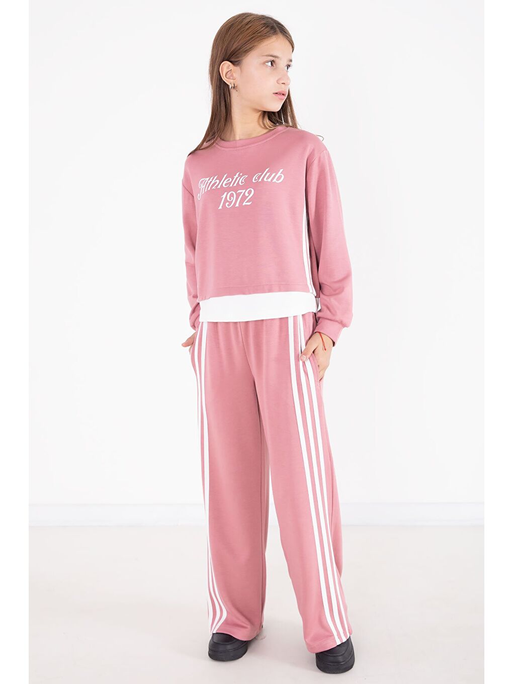 Pembe Şerit Detaylı Yazılı Geniş Paça Kız Çocuk Takım 22773-2