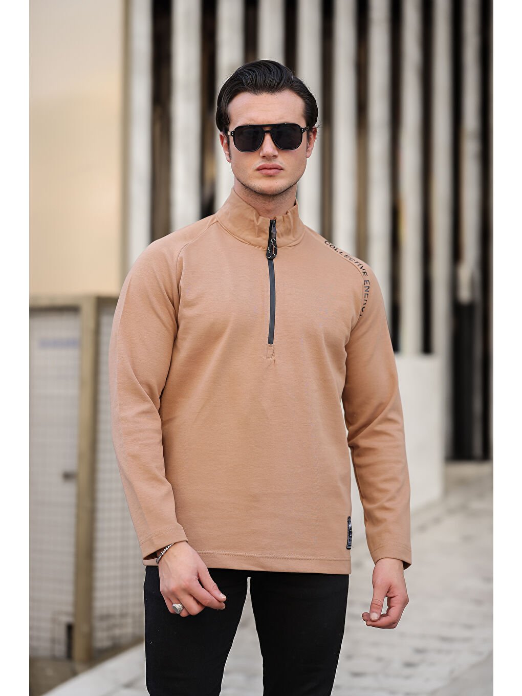 comstar Camel Erkek Yarım Fermuarlı Baskılı  Sweatshirt