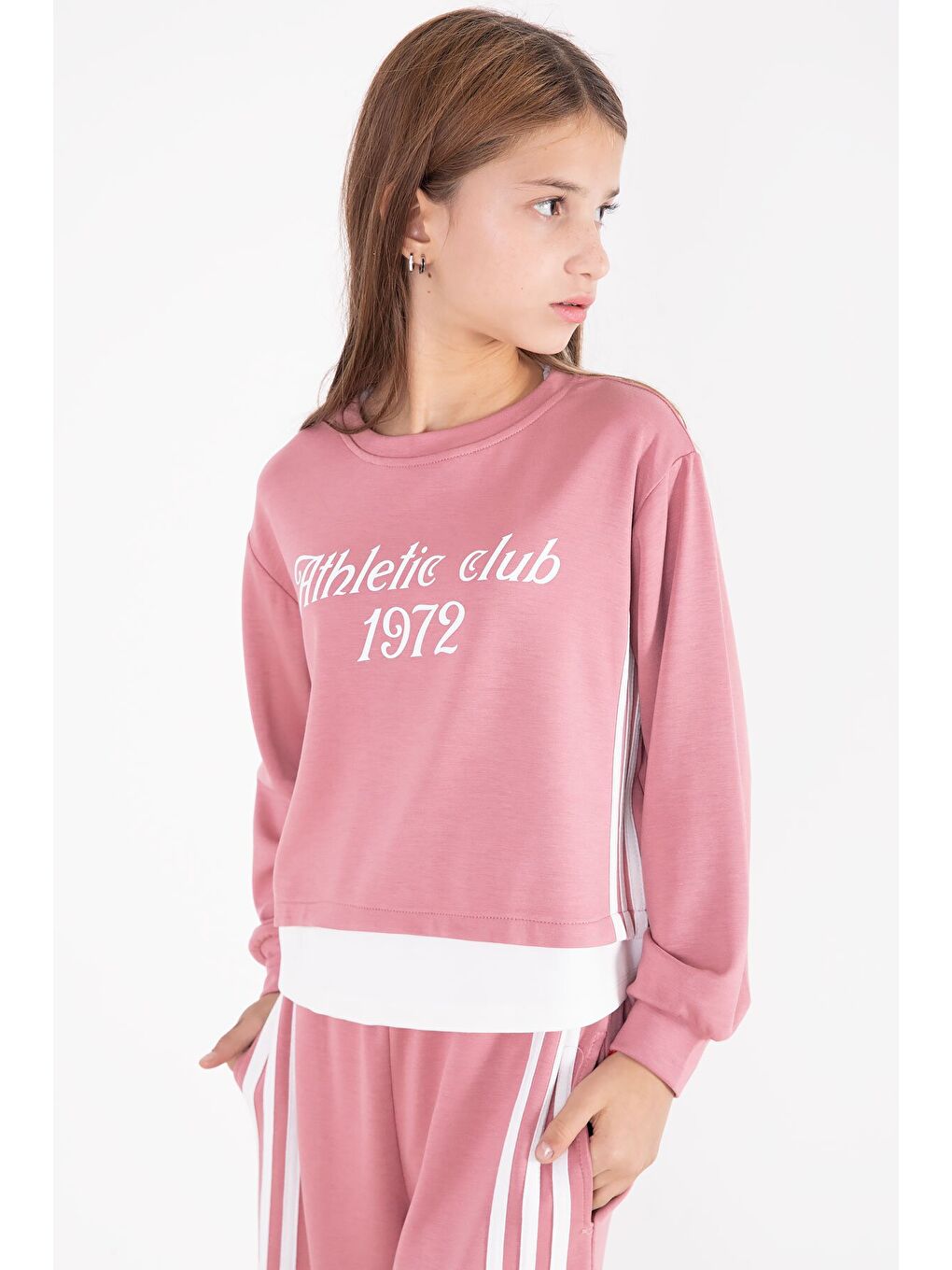 Pembe Şerit Detaylı Yazılı Geniş Paça Kız Çocuk Takım 22773-4