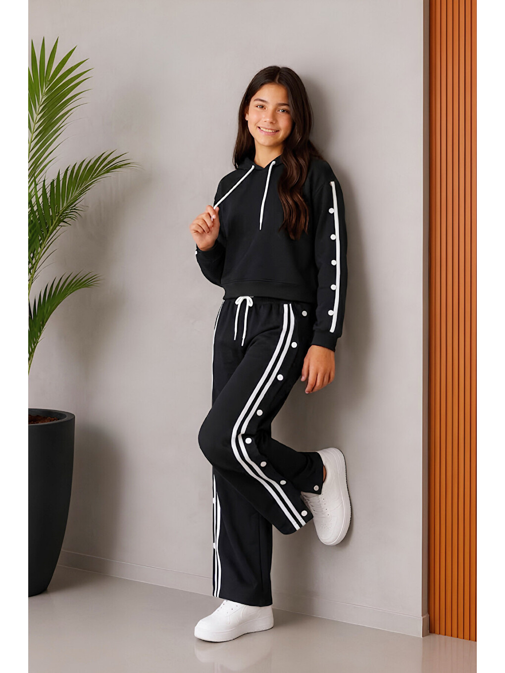 Siyah Kız Çocuk Çıtçıtlı+kapüşonlu+double Face Kumaş Alt-üst Takım 5-15 Yaş 12765sk-1
