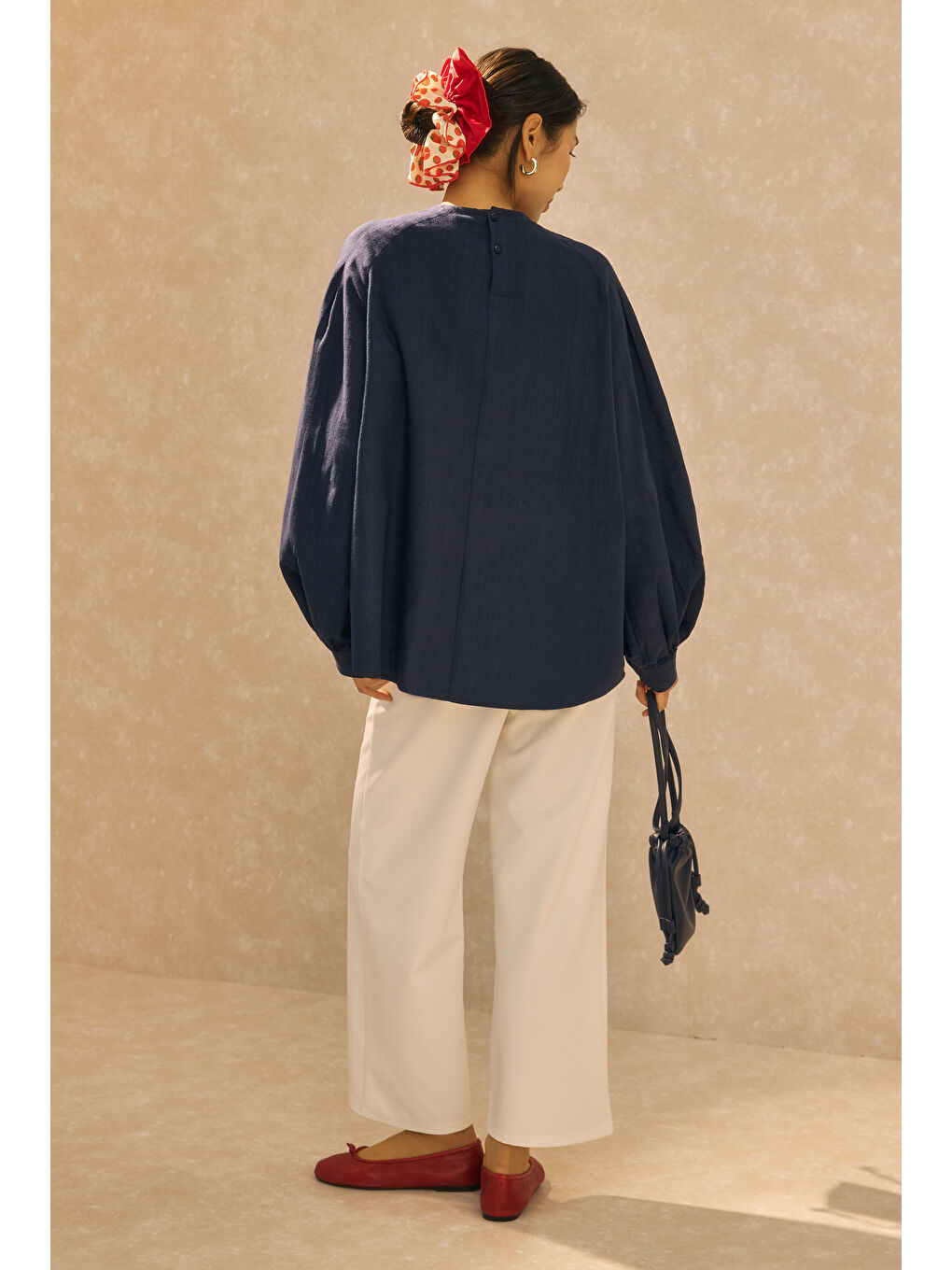 Kol Büzgülü Pamuk Keten Tunik Gece Mavisi-4