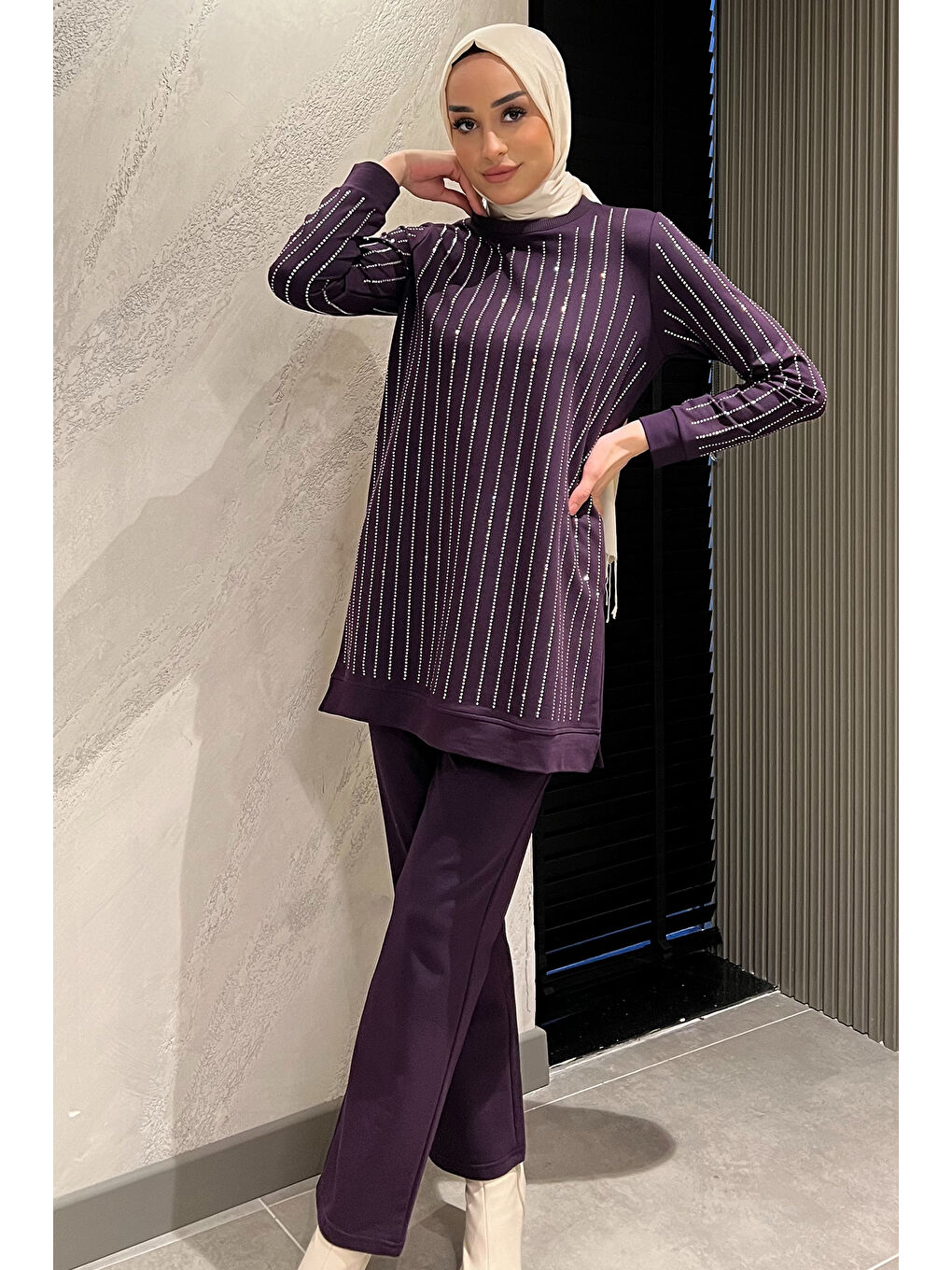 Mor Kadın Tesettür Taş Detaylı Tunik Pantolon İkili Takım-1