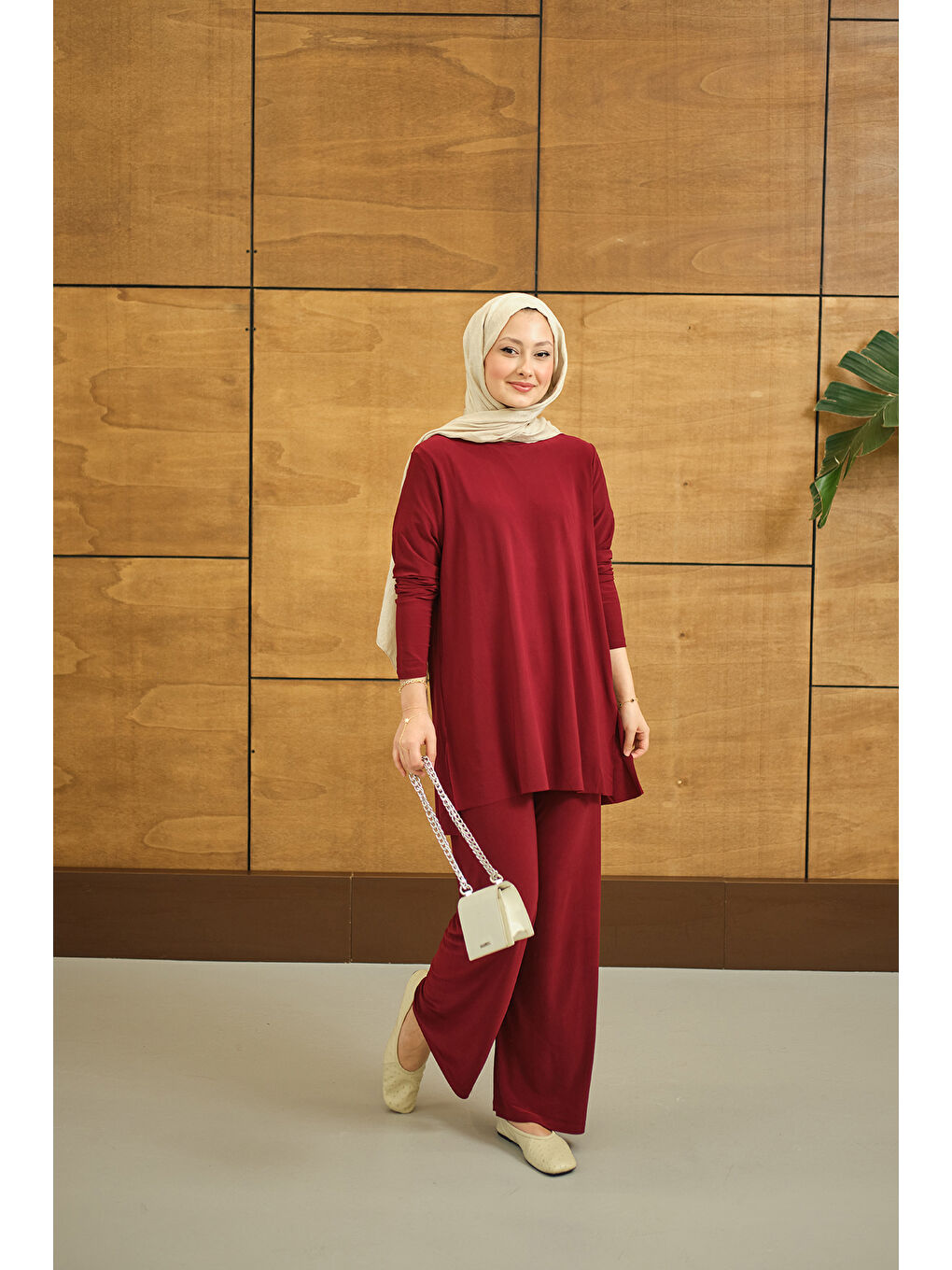 Kadın Yanları Yırtmaç Detay İkili Takım Bordo-4