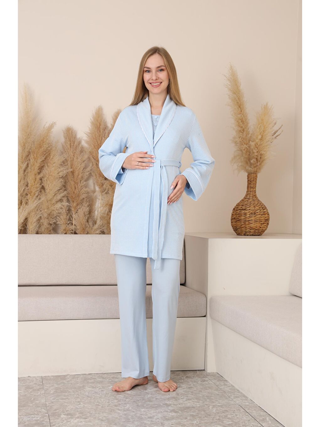 Bebe Mavisi Çizgili Sabahlıklı Emzirmeye Uygun Hamile ve Lohusa Pijama Takımı