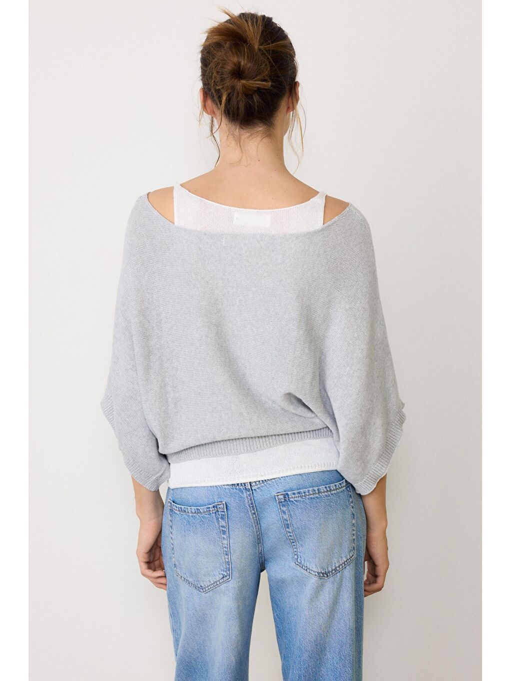 Gri Geniş Yaka Çift Katlı Triko Kazak Mg2780-3