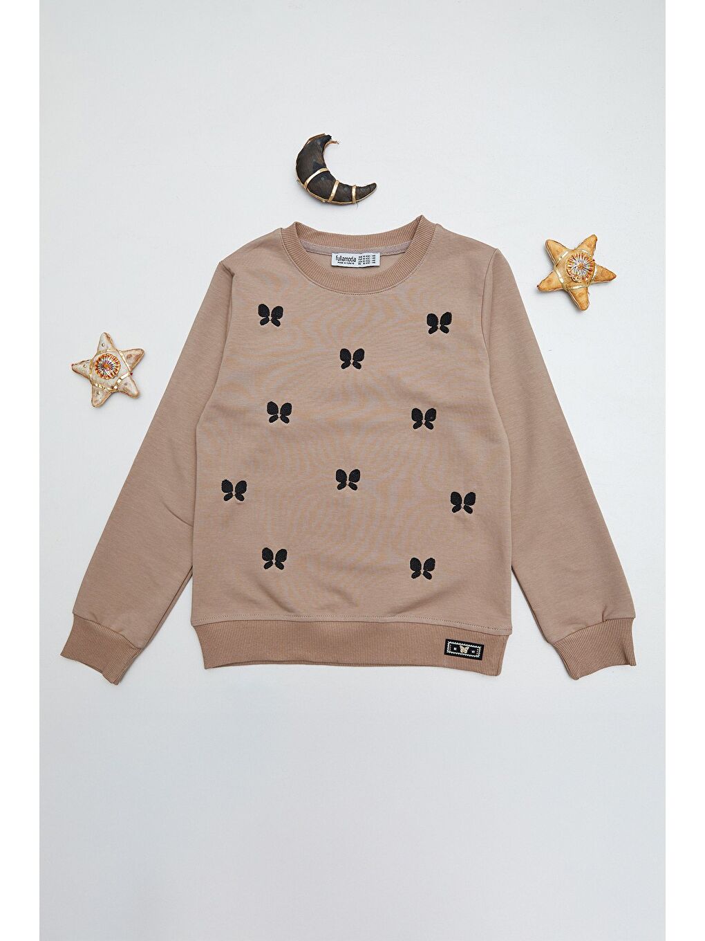 Bej Kelebek Nakışlı Bisiklet Yaka Kız Çocuk Sweatshirt