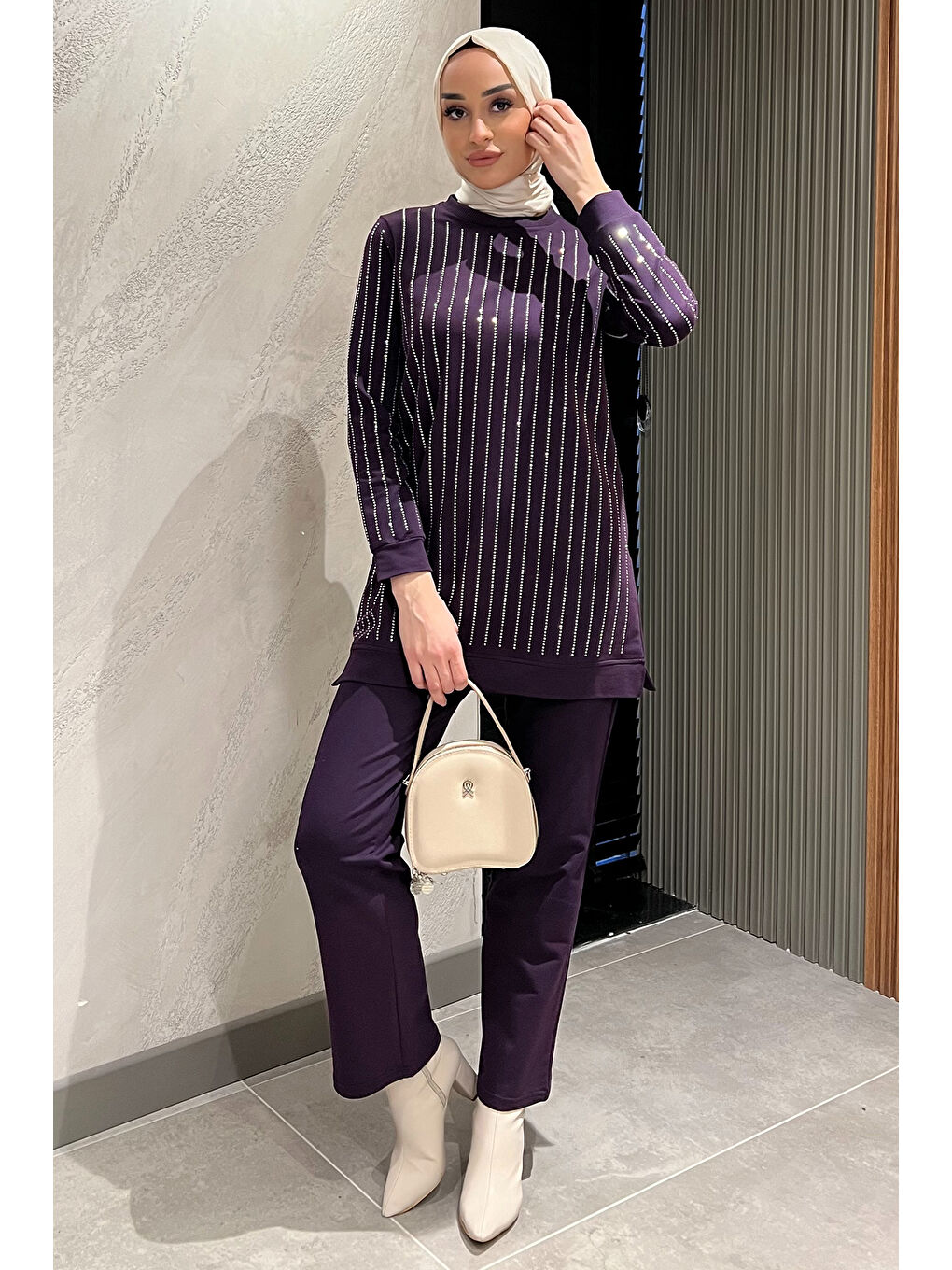 Mor Kadın Tesettür Taş Detaylı Tunik Pantolon İkili Takım-2