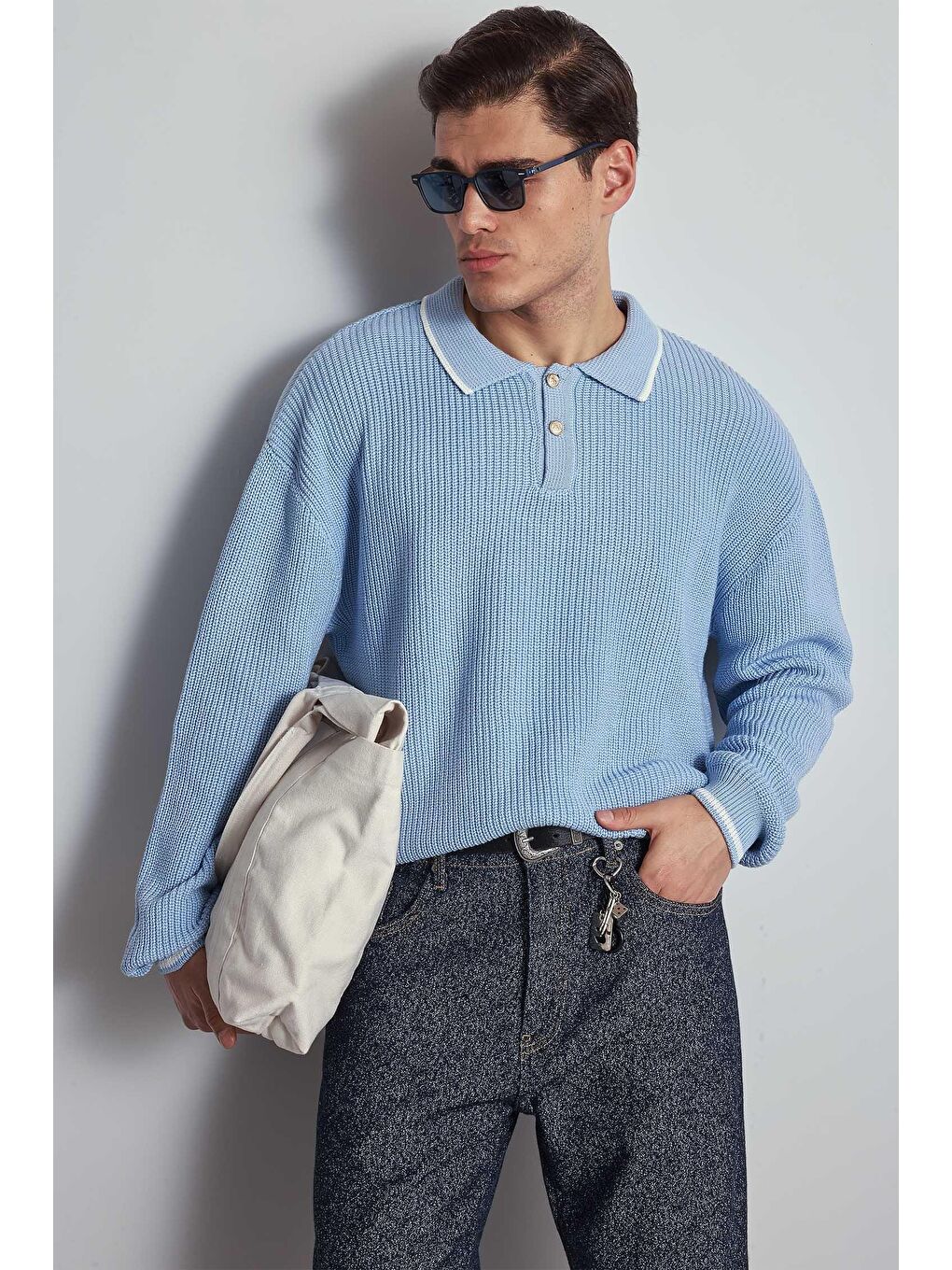 Erkek Oversize Polo Yaka Kontrast Detaylı Triko Kazak Açık Mavi-2