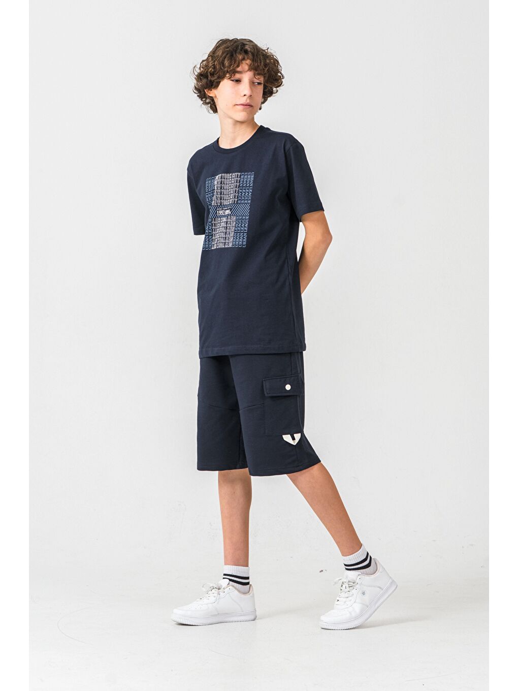 Lacivert New York City Urban 1992 League Baskılı Kargo Cepli Erkek Çocuk Şort - Tişört Takımı-1