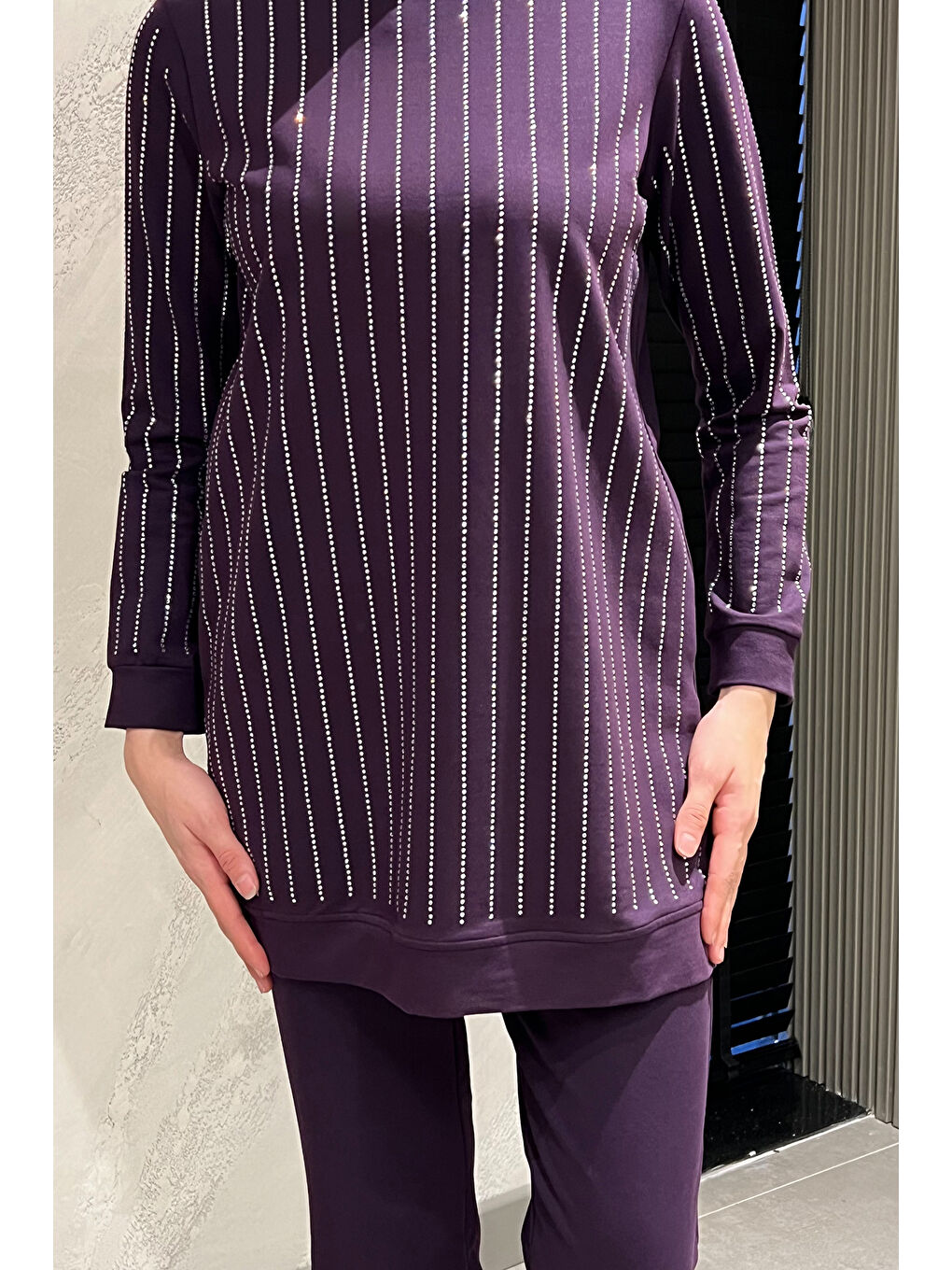 Mor Kadın Tesettür Taş Detaylı Tunik Pantolon İkili Takım-4