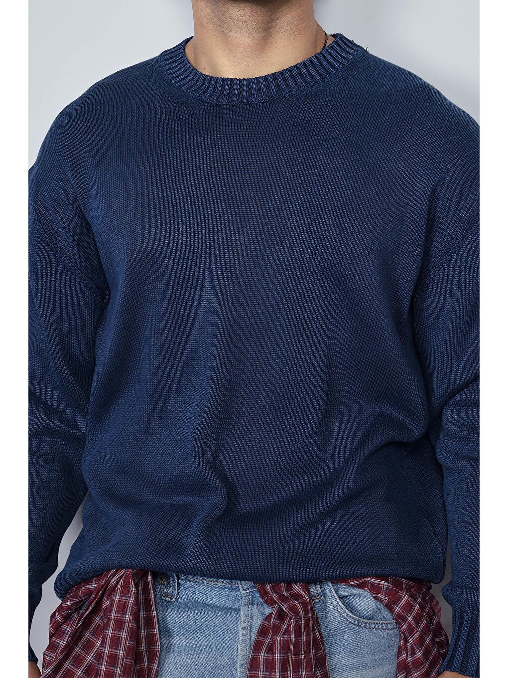 Erkek Oversize Bisiklet Yaka Basic Triko Kazak Lacivert-2