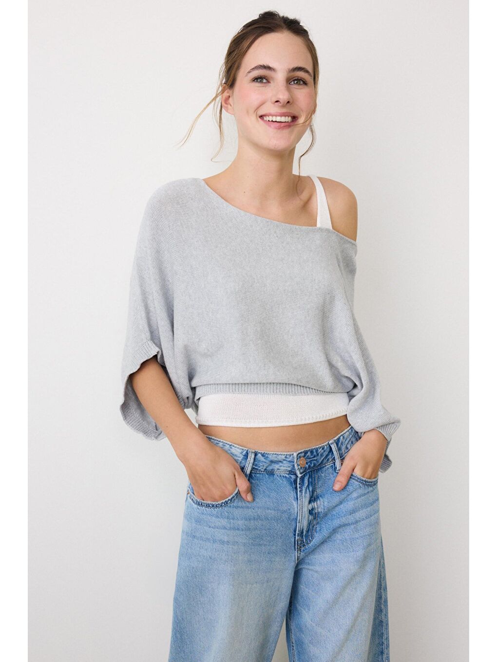 Gri Geniş Yaka Çift Katlı Triko Kazak Mg2780-4