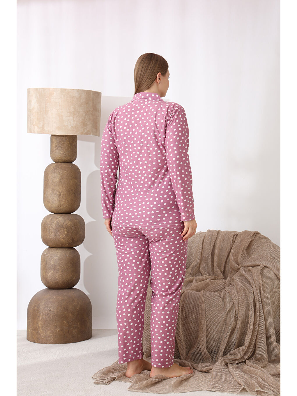 Lila Boydan Düğmeli Desenli Süet Kumaş Büyük Beden Kadın Pijama Takımı 510-4