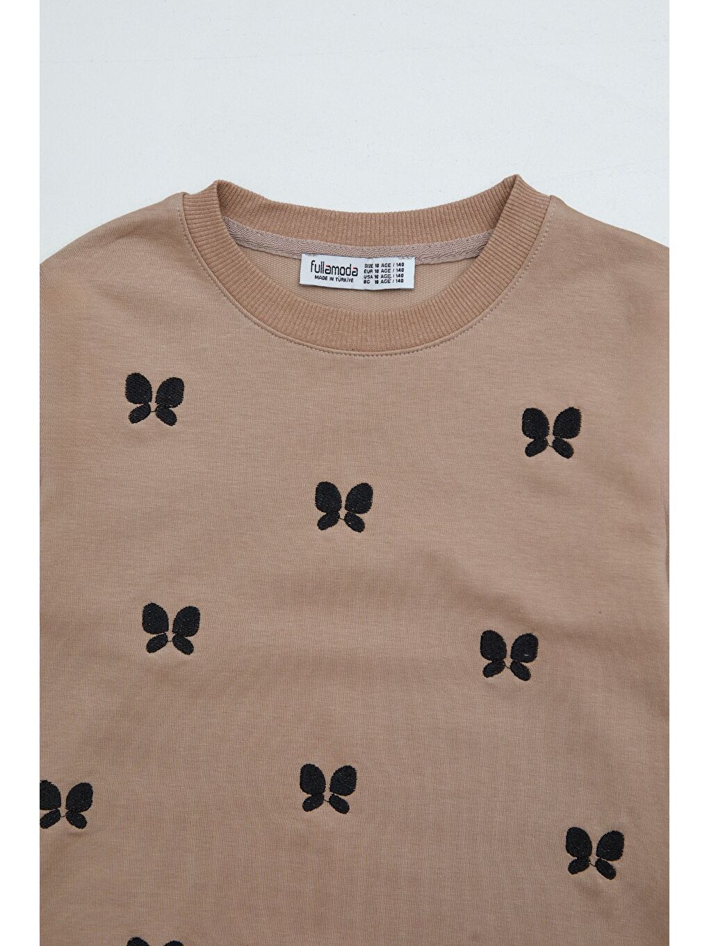 Bej Kelebek Nakışlı Bisiklet Yaka Kız Çocuk Sweatshirt-1