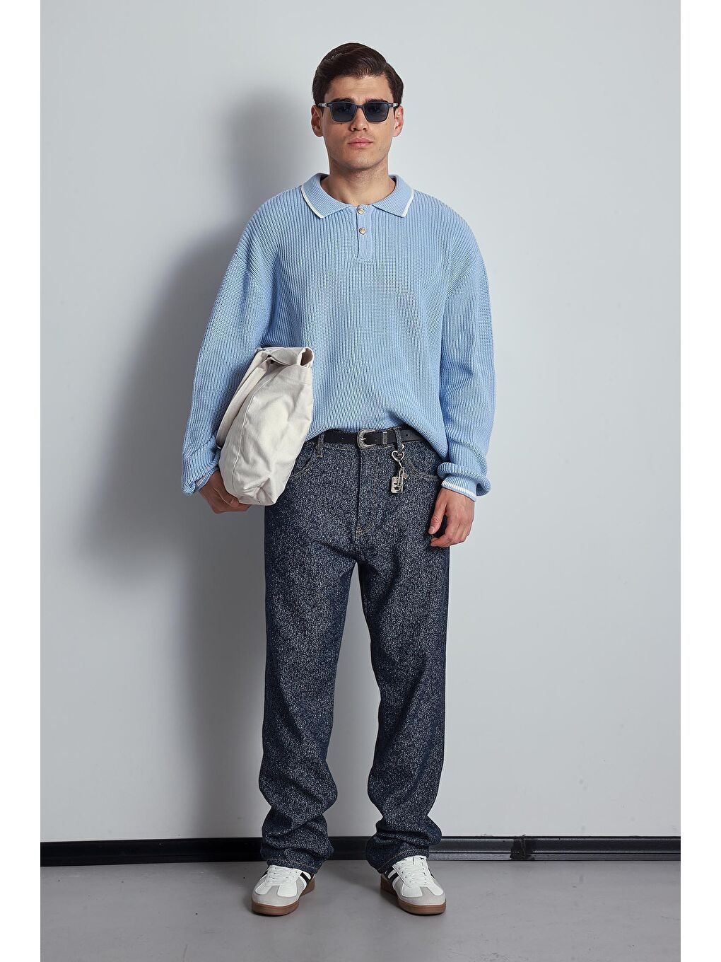 Erkek Oversize Polo Yaka Kontrast Detaylı Triko Kazak Açık Mavi-3