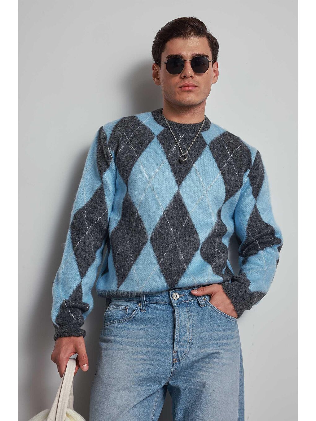 Erkek Baklava Desenli Oversize Kazak Mavi-1