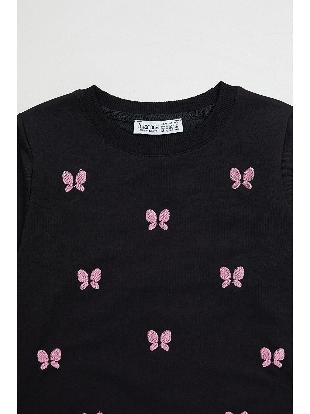 Siyah Kelebek Nakışlı Bisiklet Yaka Kız Çocuk Sweatshirt-1