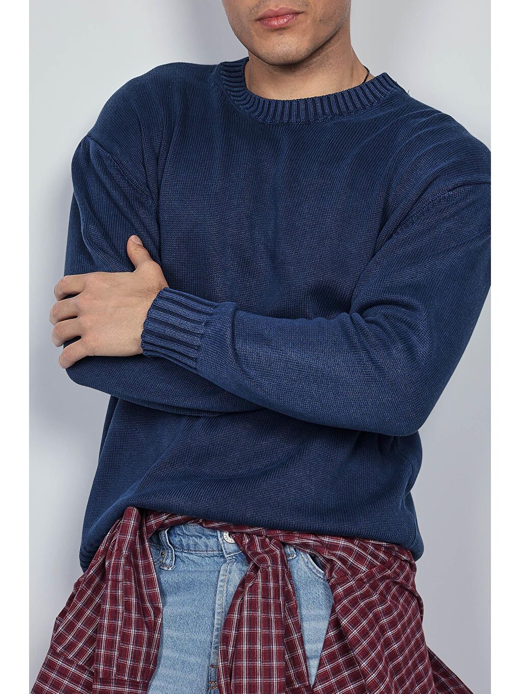 Erkek Oversize Bisiklet Yaka Basic Triko Kazak Lacivert