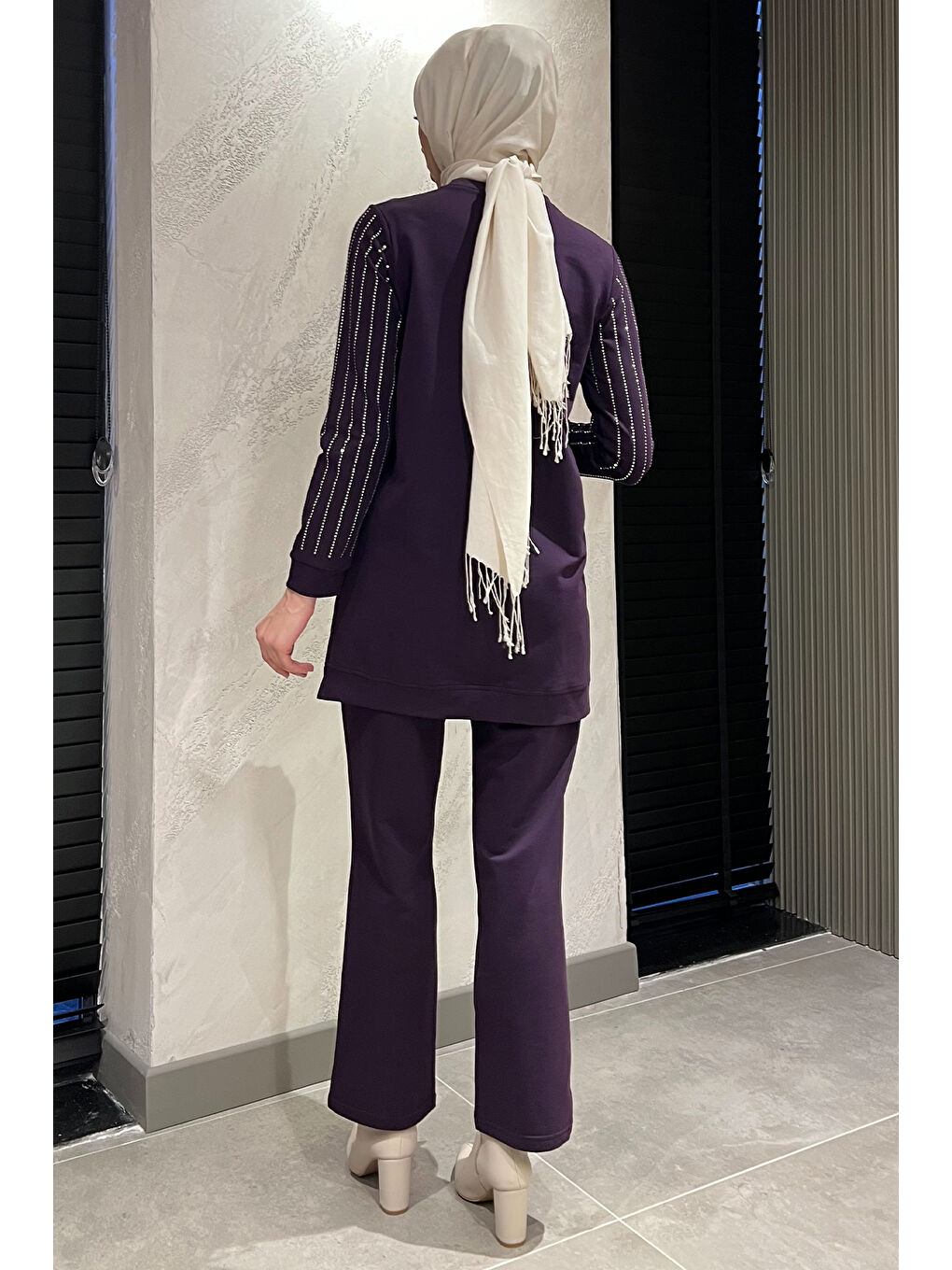 Mor Kadın Tesettür Taş Detaylı Tunik Pantolon İkili Takım-7