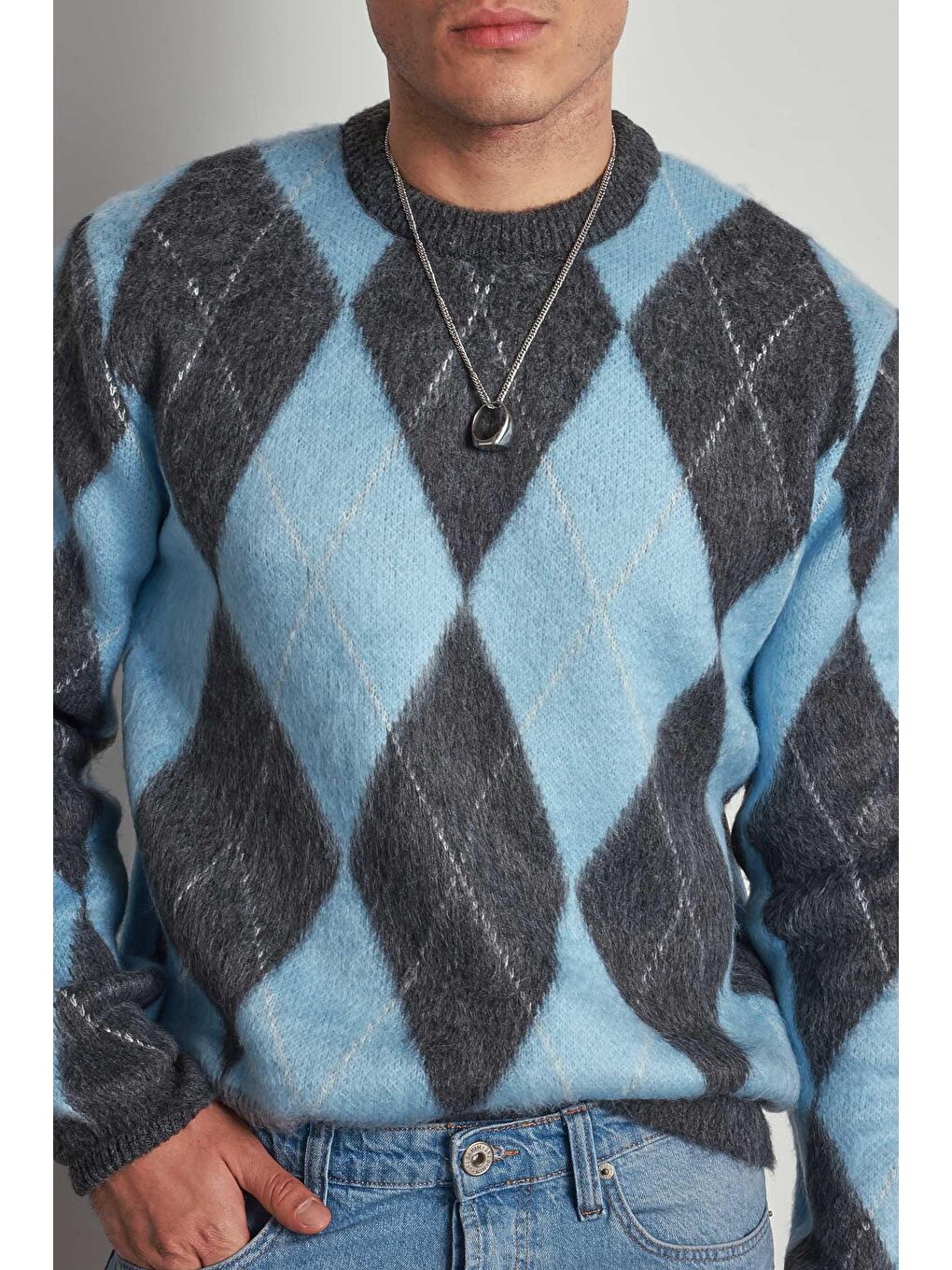 Erkek Baklava Desenli Oversize Kazak Mavi-2