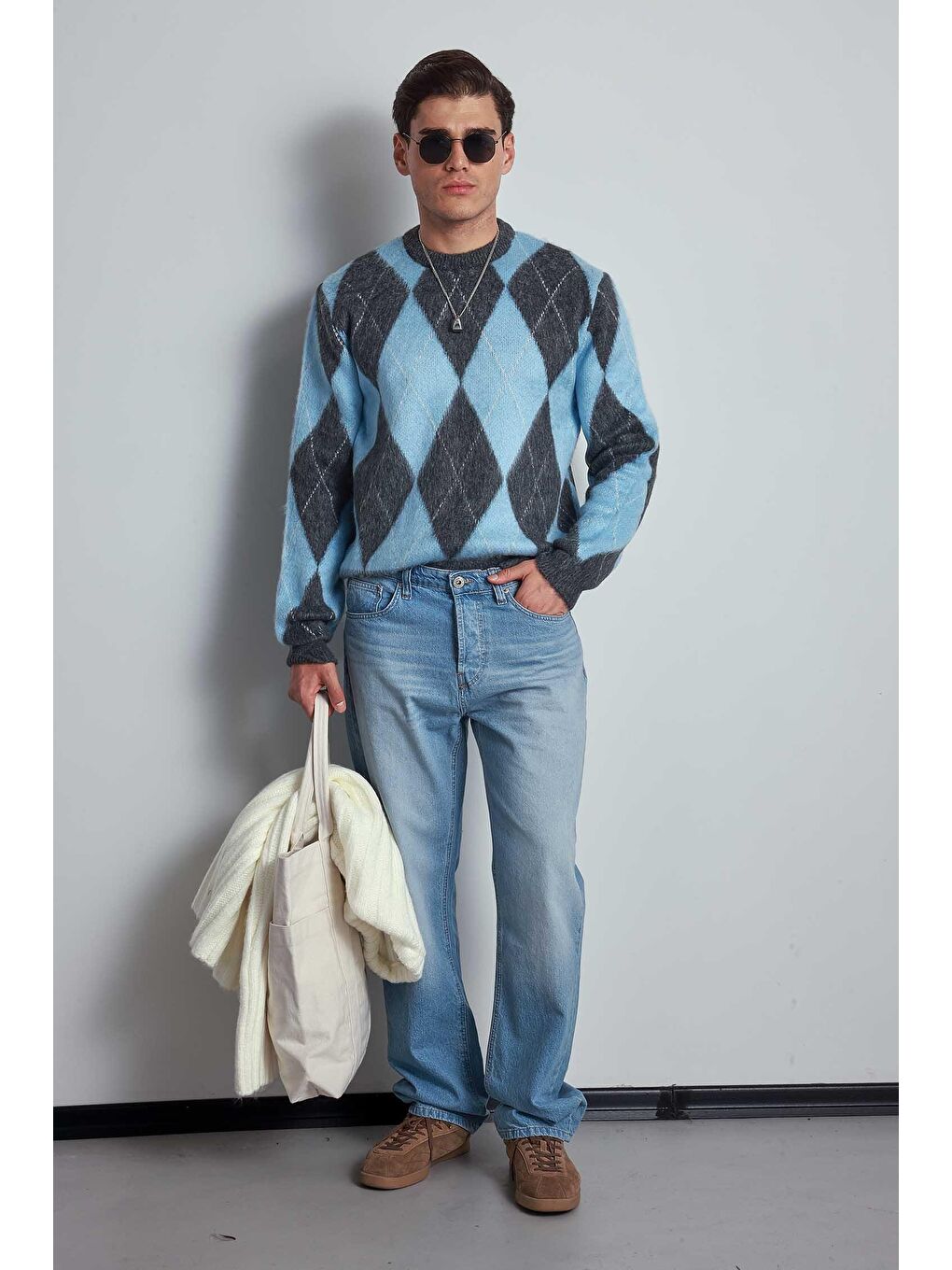 Erkek Baklava Desenli Oversize Kazak Mavi-3