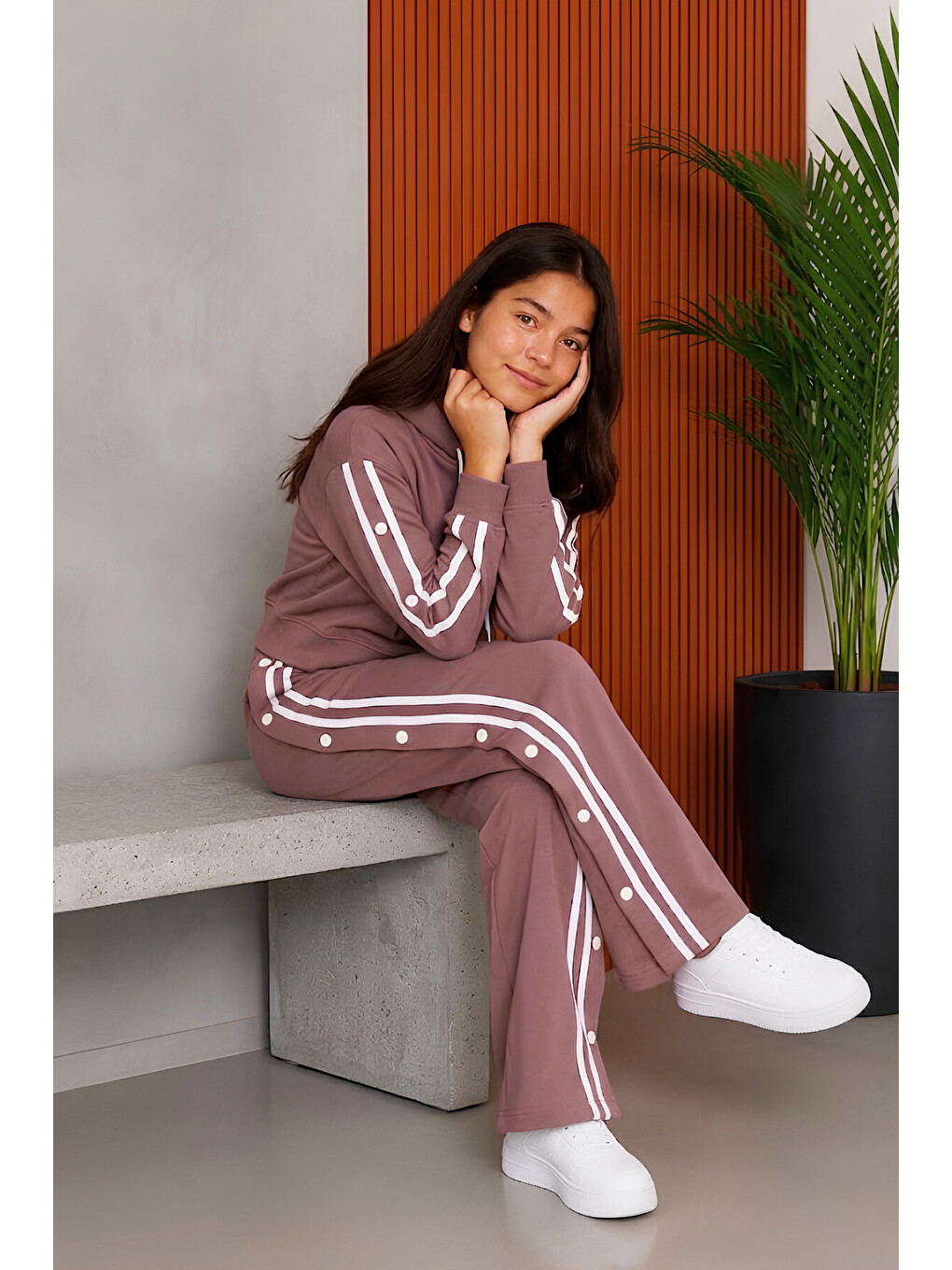 Pembe Kız Çocuk Çıtçıtlı+kapüşonlu+double Face Kumaş Alt-üst Takım 5-15 Yaş 12765sk